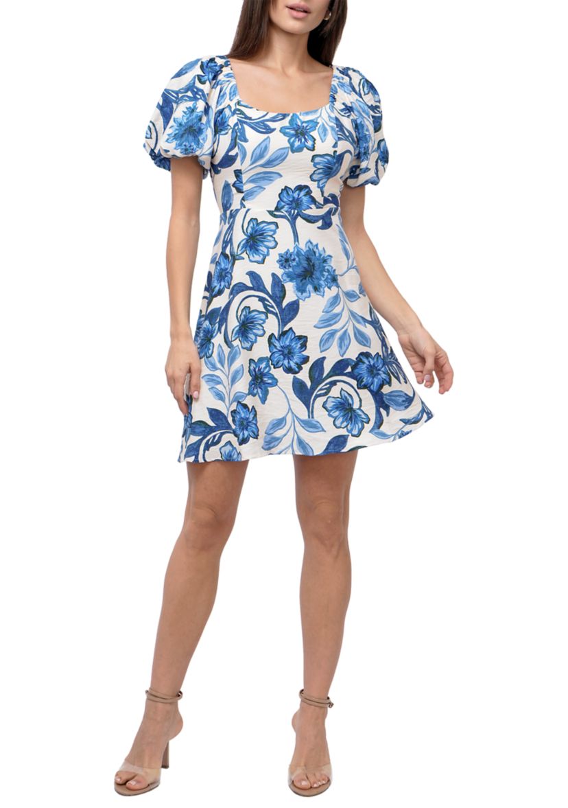 Womens Puff Sleeve Square Neck Printed Mini Dress