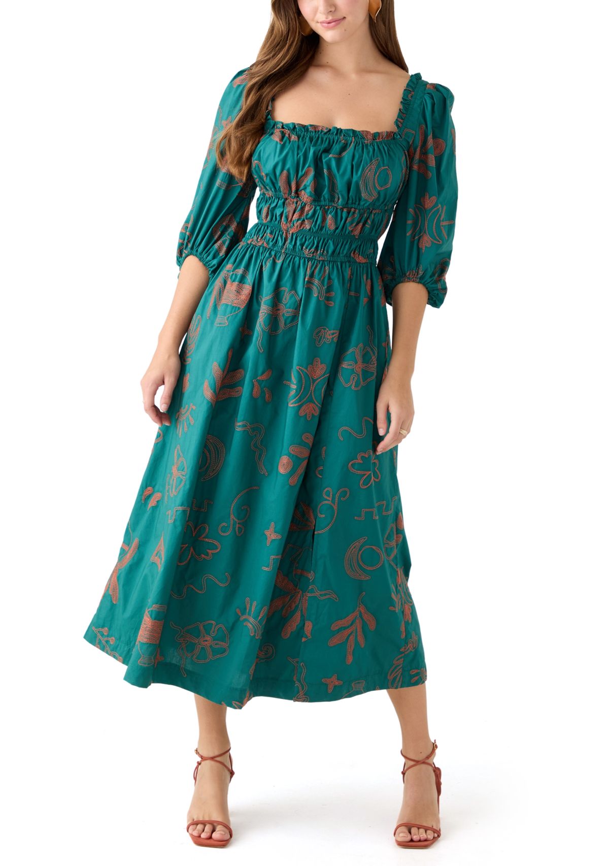 Womens Three Quarter Sleeve Midi Dress