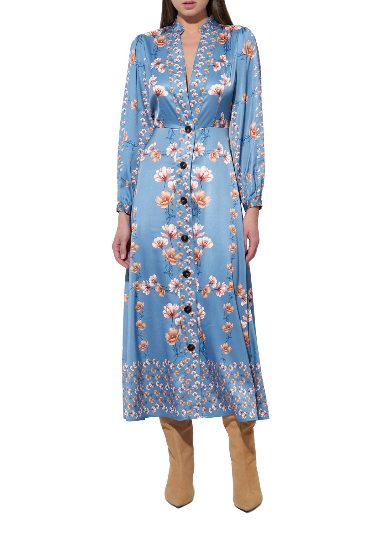 Womens Long Sleeve Floral Button Midi Dress