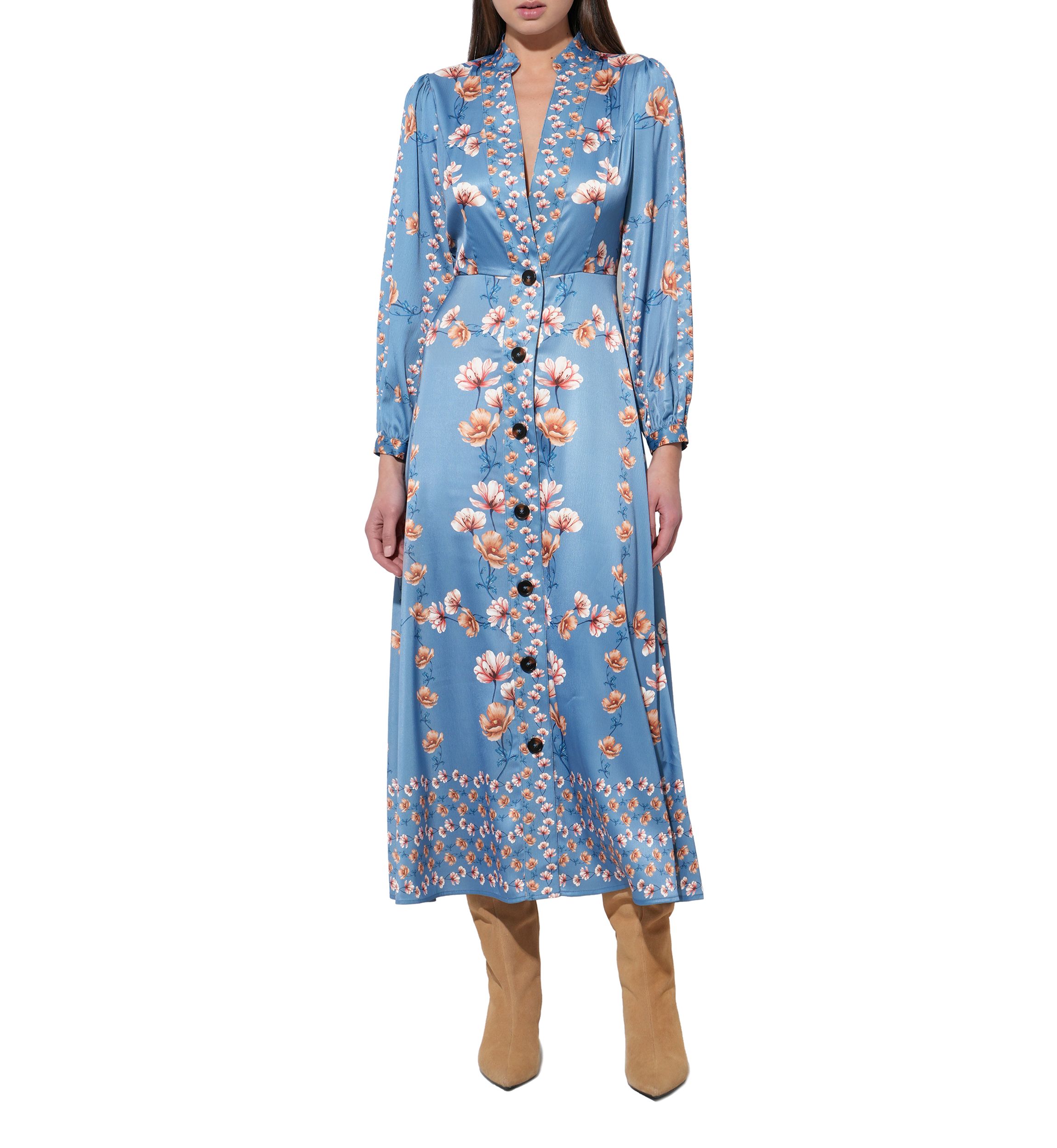 Womens Long Sleeve Floral Button Midi Dress