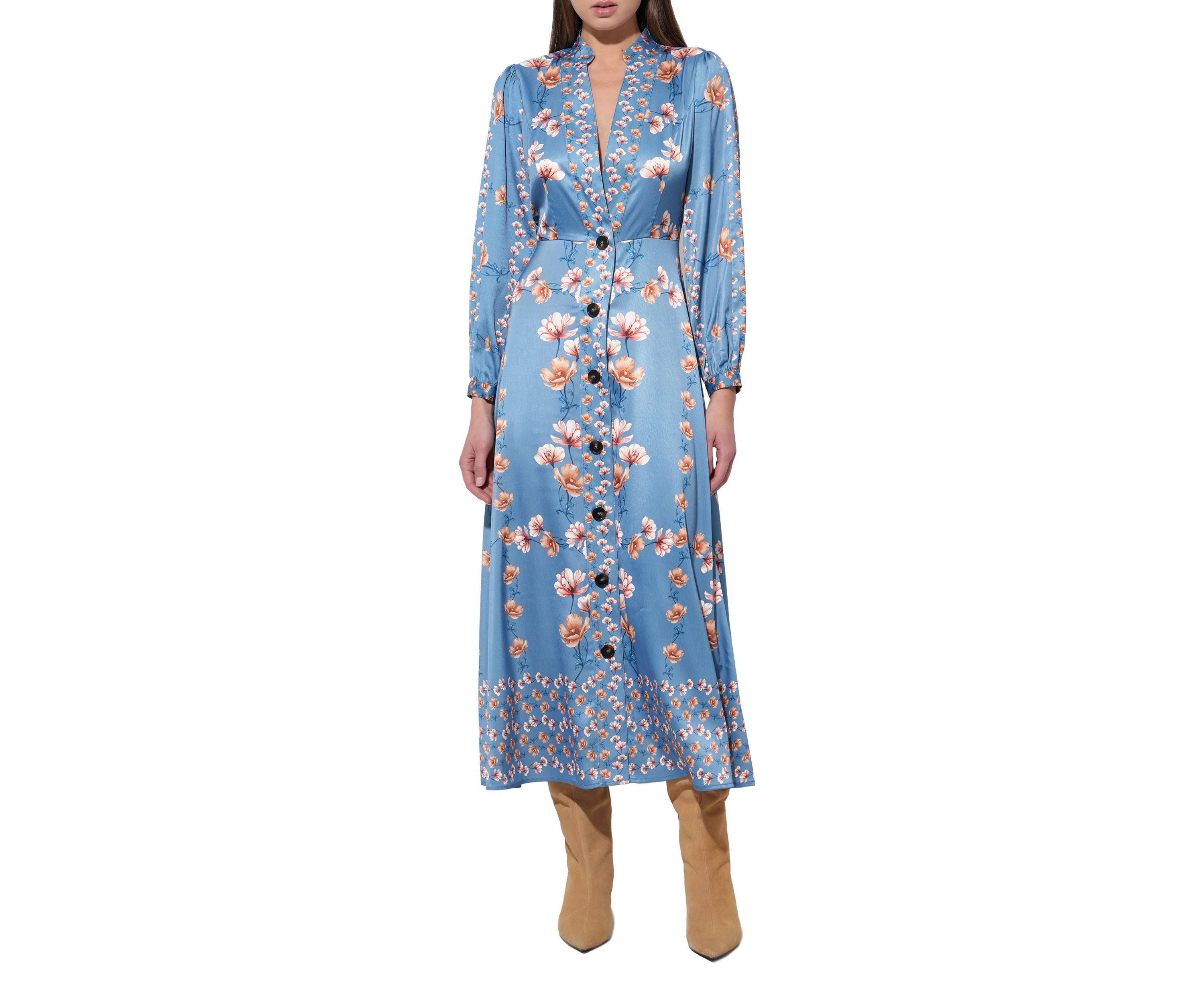 Womens Long Sleeve Floral Button Midi Dress