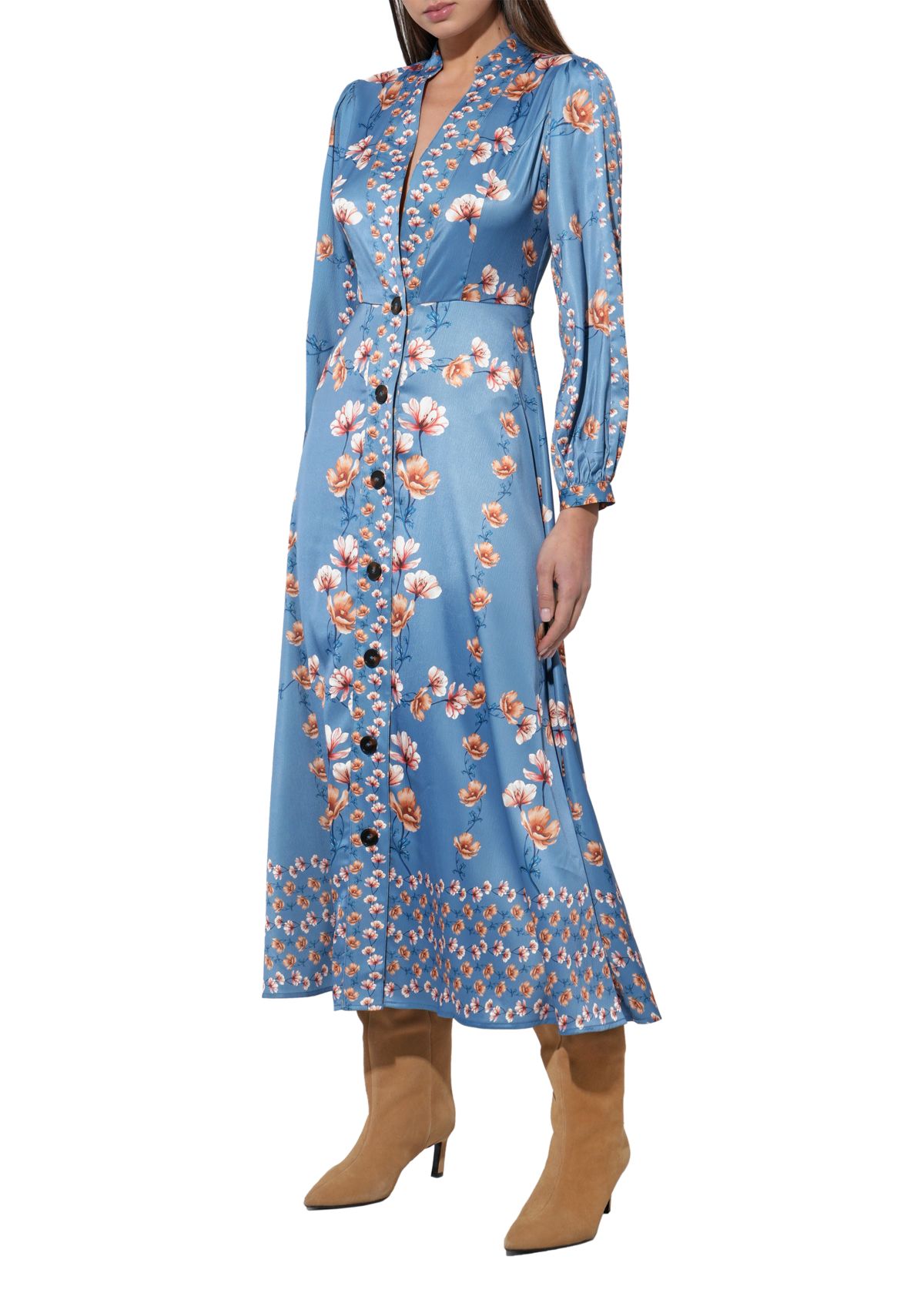 Womens Long Sleeve Floral Button Midi Dress