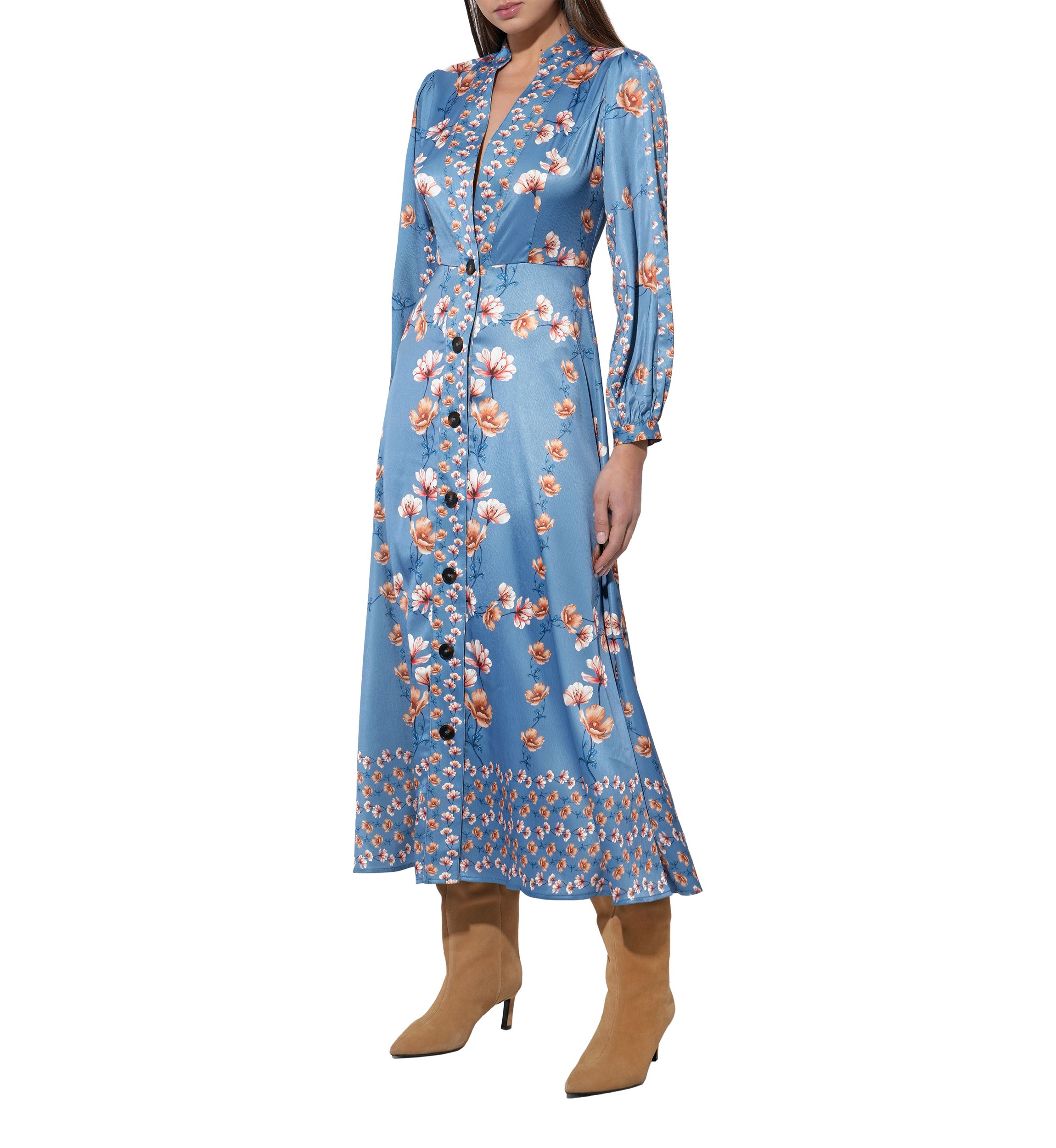 Womens Long Sleeve Floral Button Midi Dress