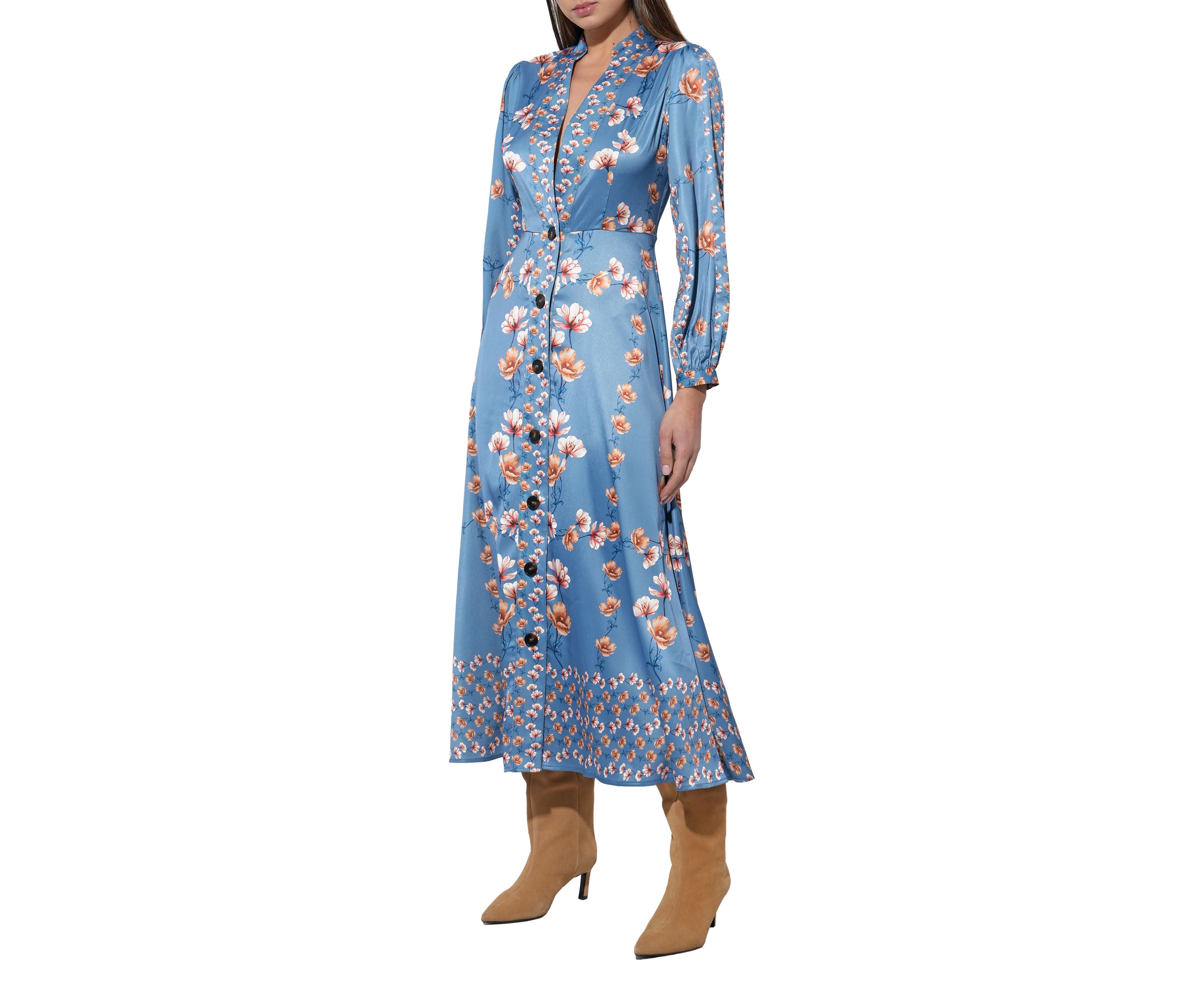 Womens Long Sleeve Floral Button Midi Dress