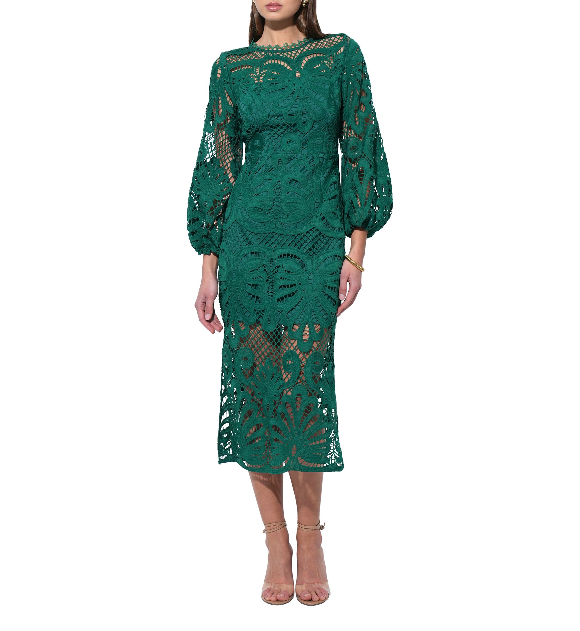 Womens Balloon Sleeve Lace Ruched Waist Midi Gown 