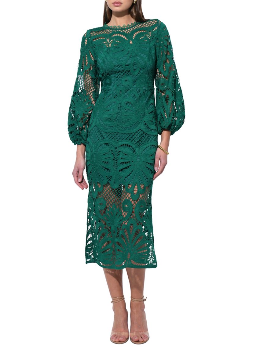 Womens Balloon Sleeve Lace Ruched Waist Midi Gown 