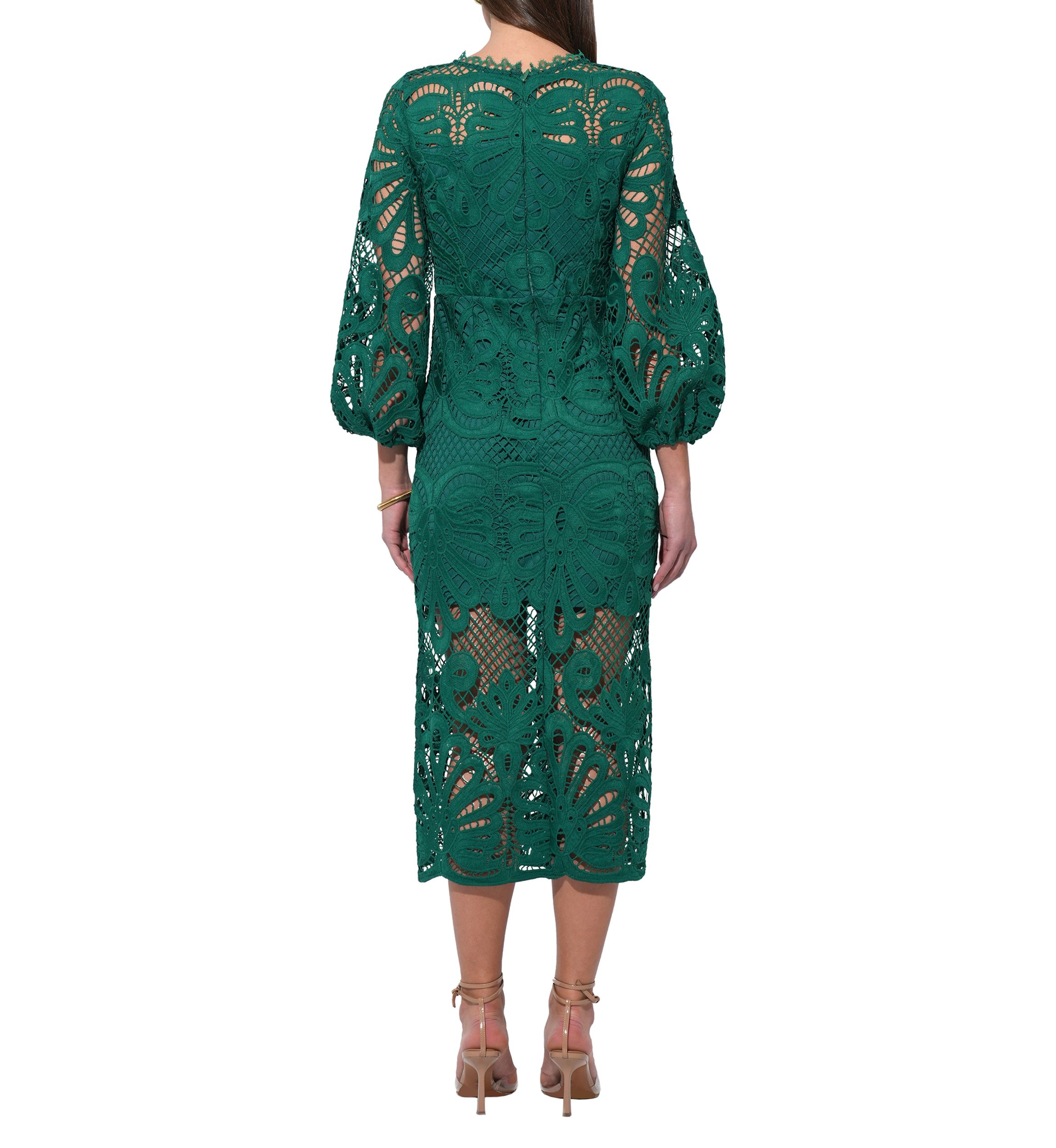 Womens Balloon Sleeve Lace Ruched Waist Midi Gown 