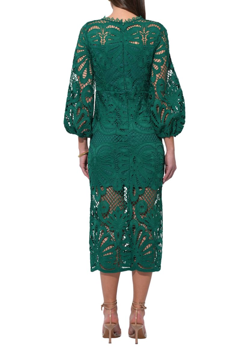 Womens Balloon Sleeve Lace Ruched Waist Midi Gown 