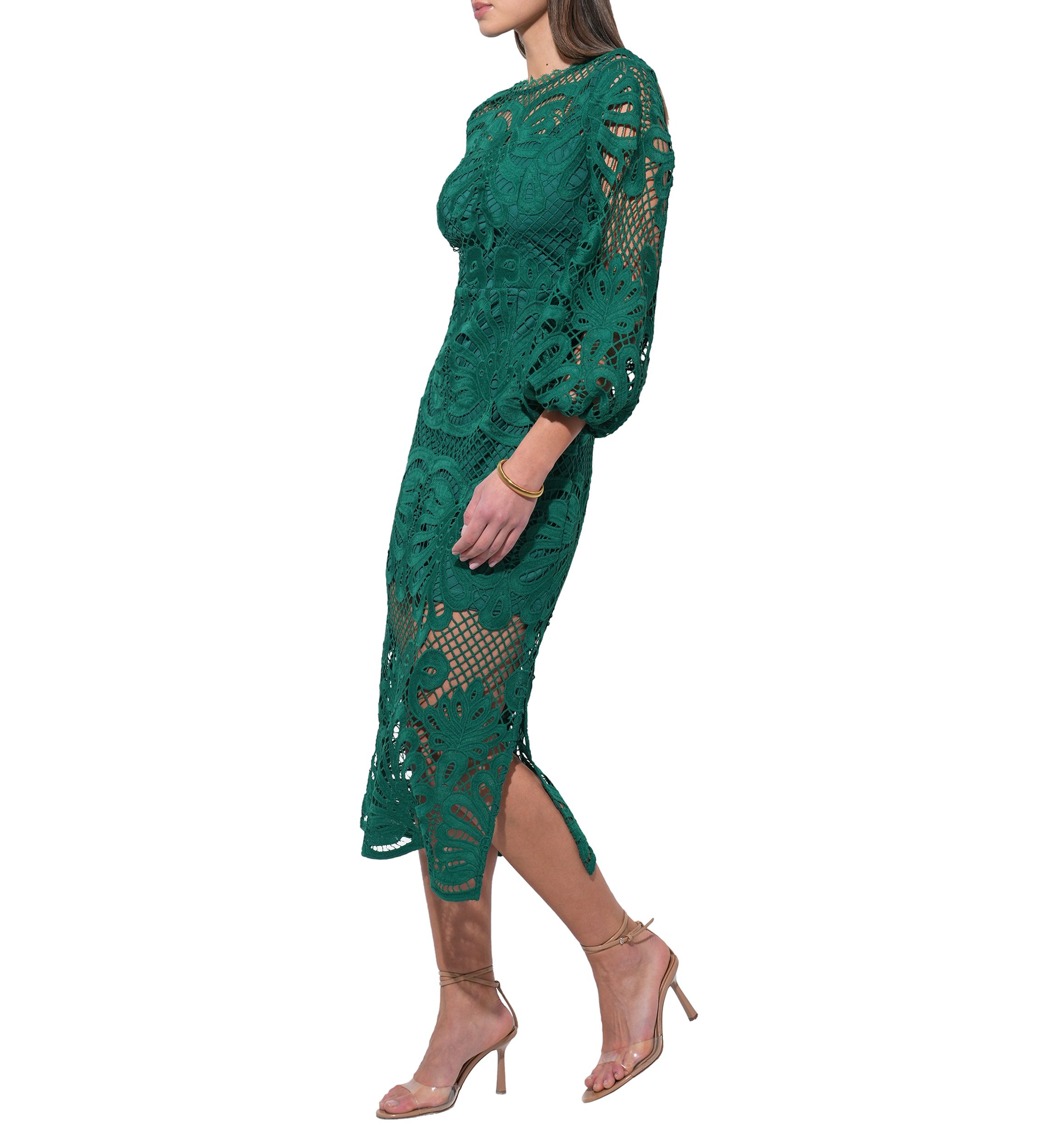 Womens Balloon Sleeve Lace Ruched Waist Midi Gown 