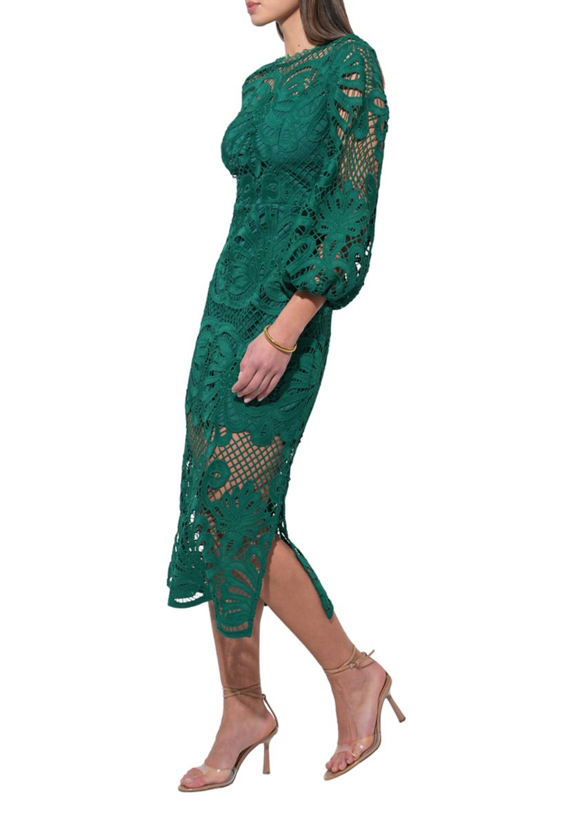 Womens Balloon Sleeve Lace Ruched Waist Midi Gown 