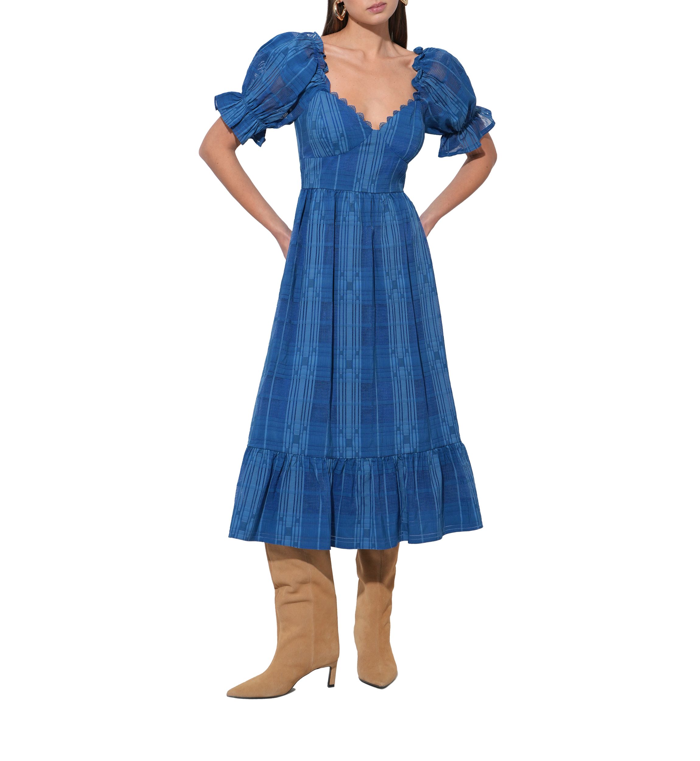 Womens Puff Sleeve Jacquard Maxi Dress