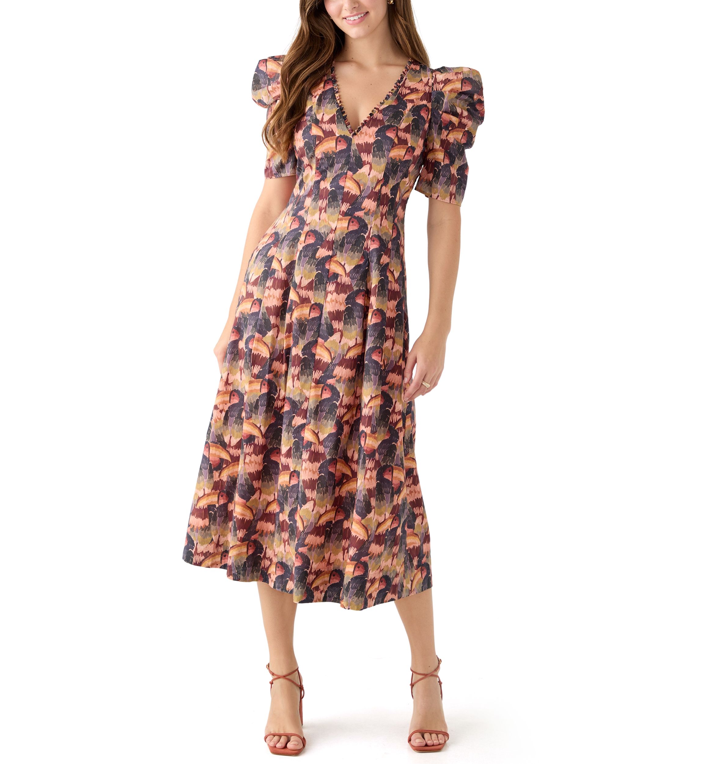 Womens Puff Sleeve Floral Midi Dress