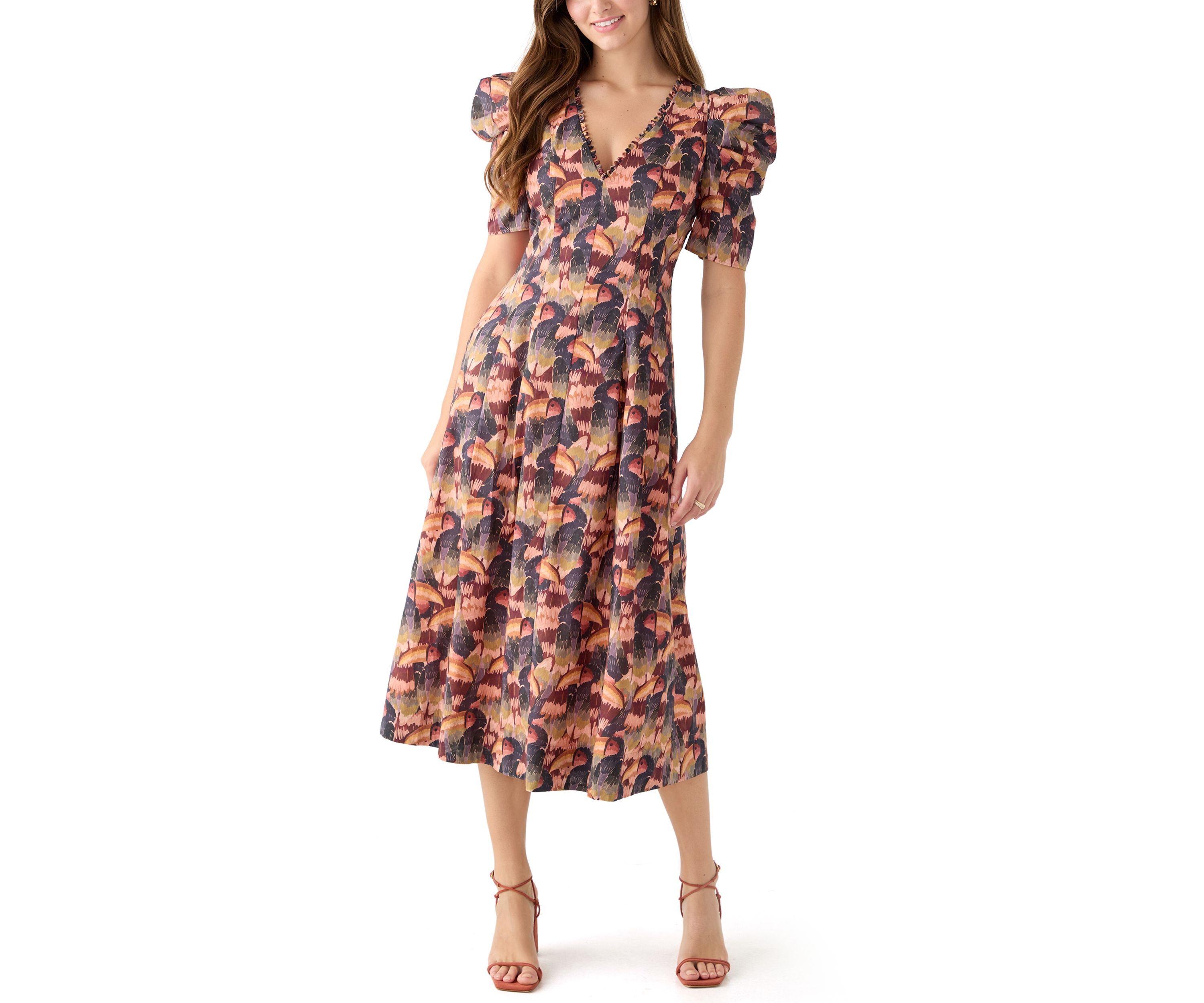 Womens Puff Sleeve Floral Midi Dress