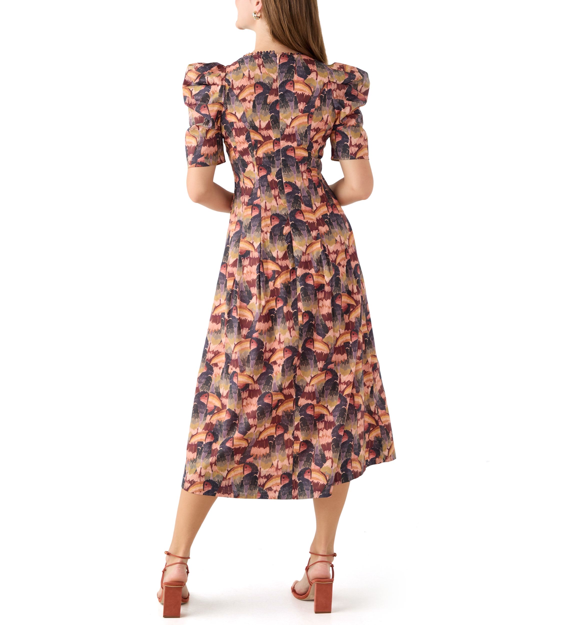 Womens Puff Sleeve Floral Midi Dress