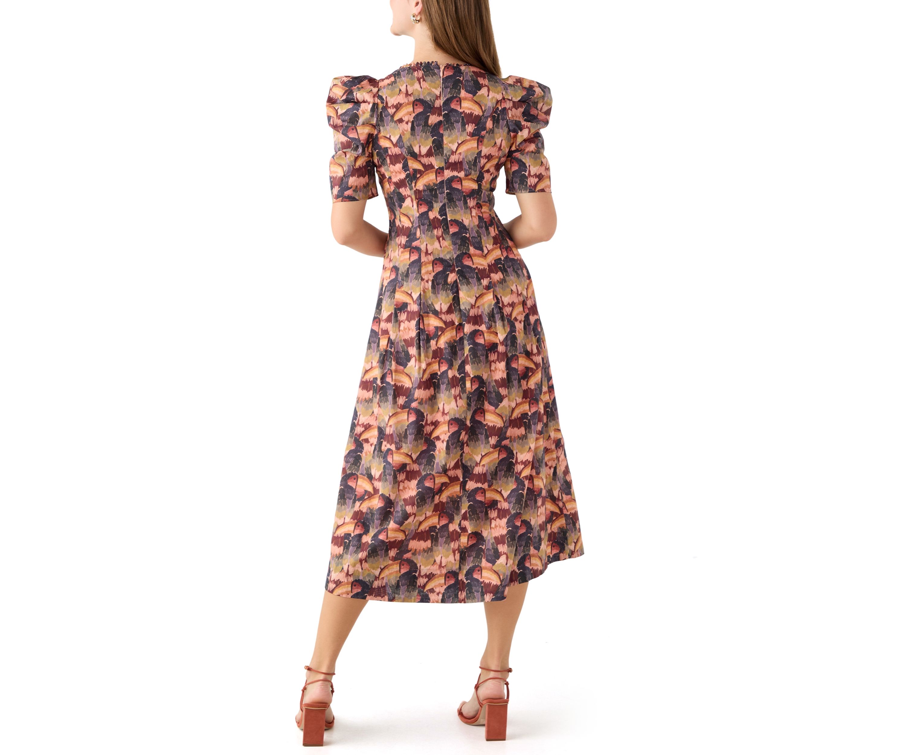 Womens Puff Sleeve Floral Midi Dress