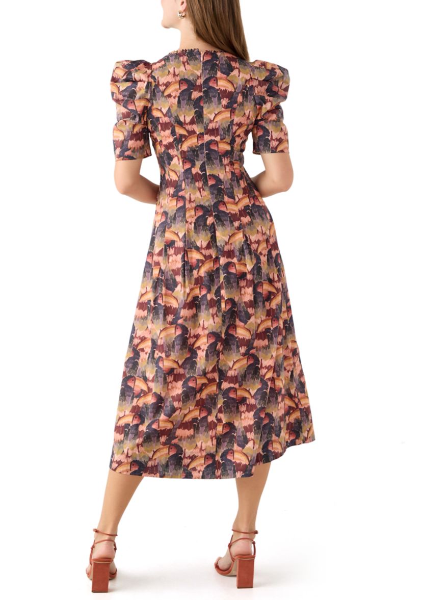 Womens Puff Sleeve Floral Midi Dress