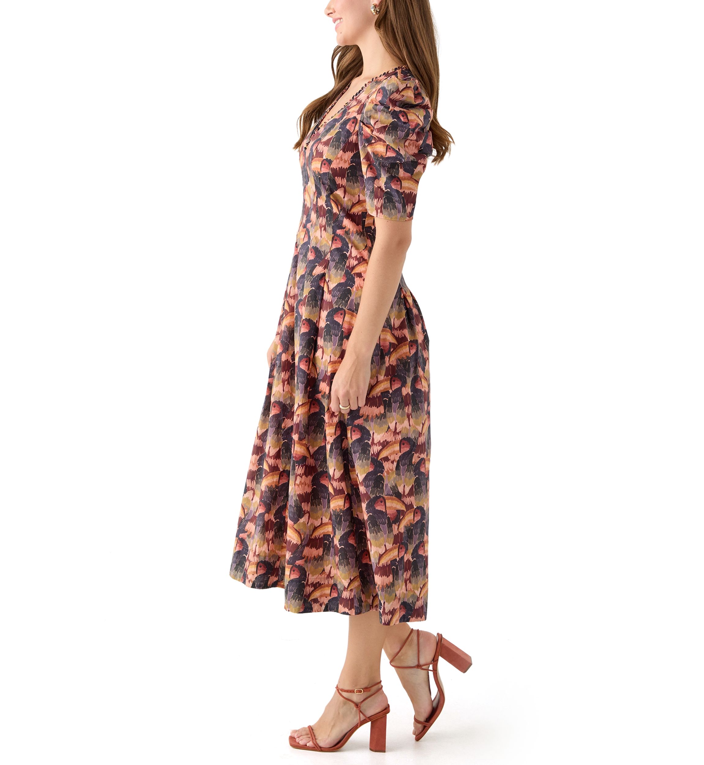 Womens Puff Sleeve Floral Midi Dress