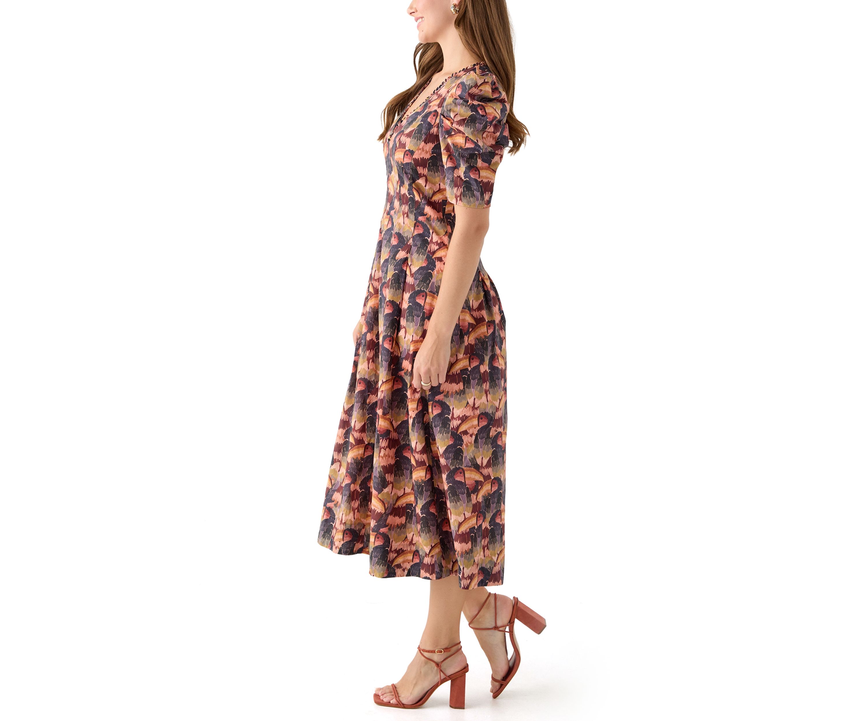 Womens Puff Sleeve Floral Midi Dress
