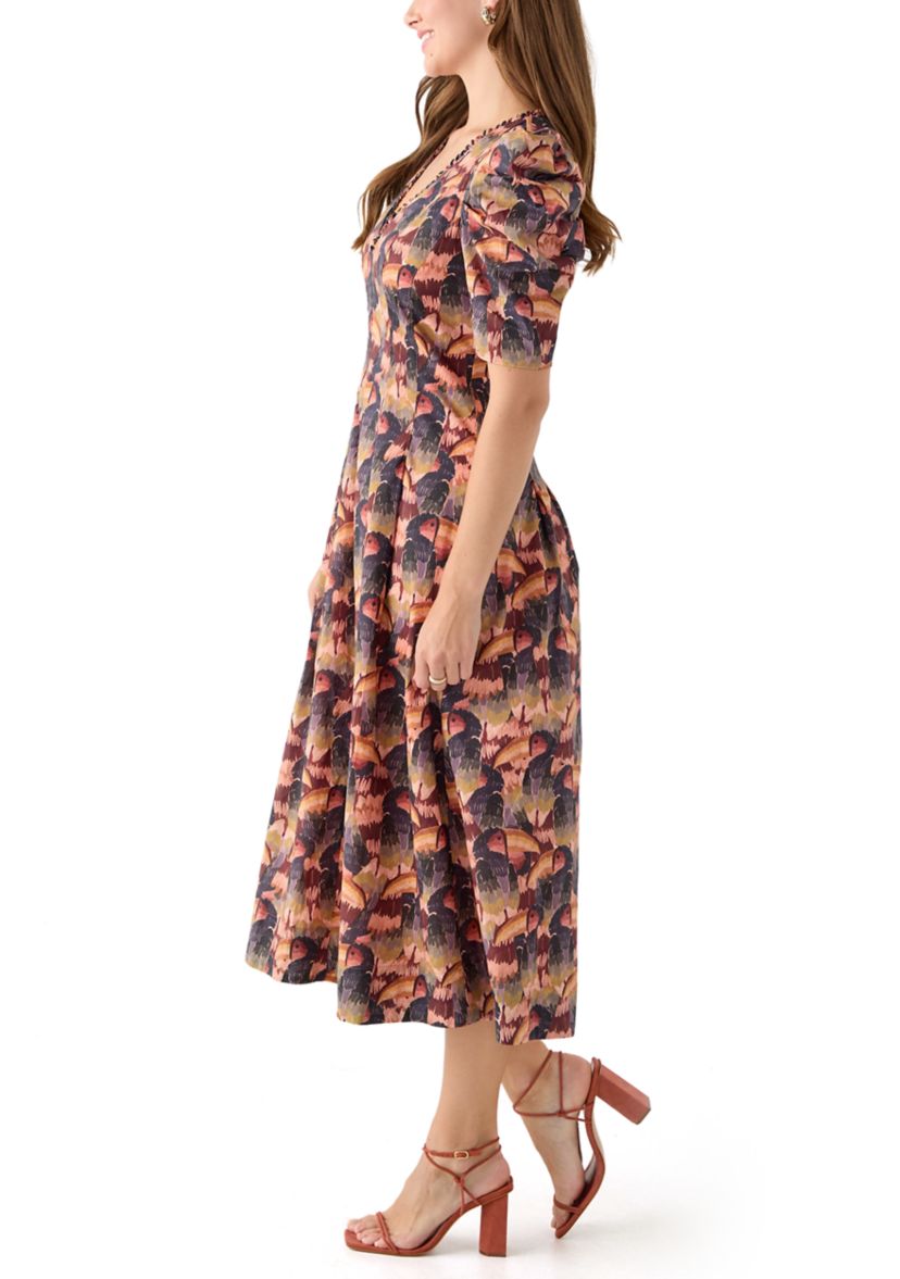 Womens Puff Sleeve Floral Midi Dress