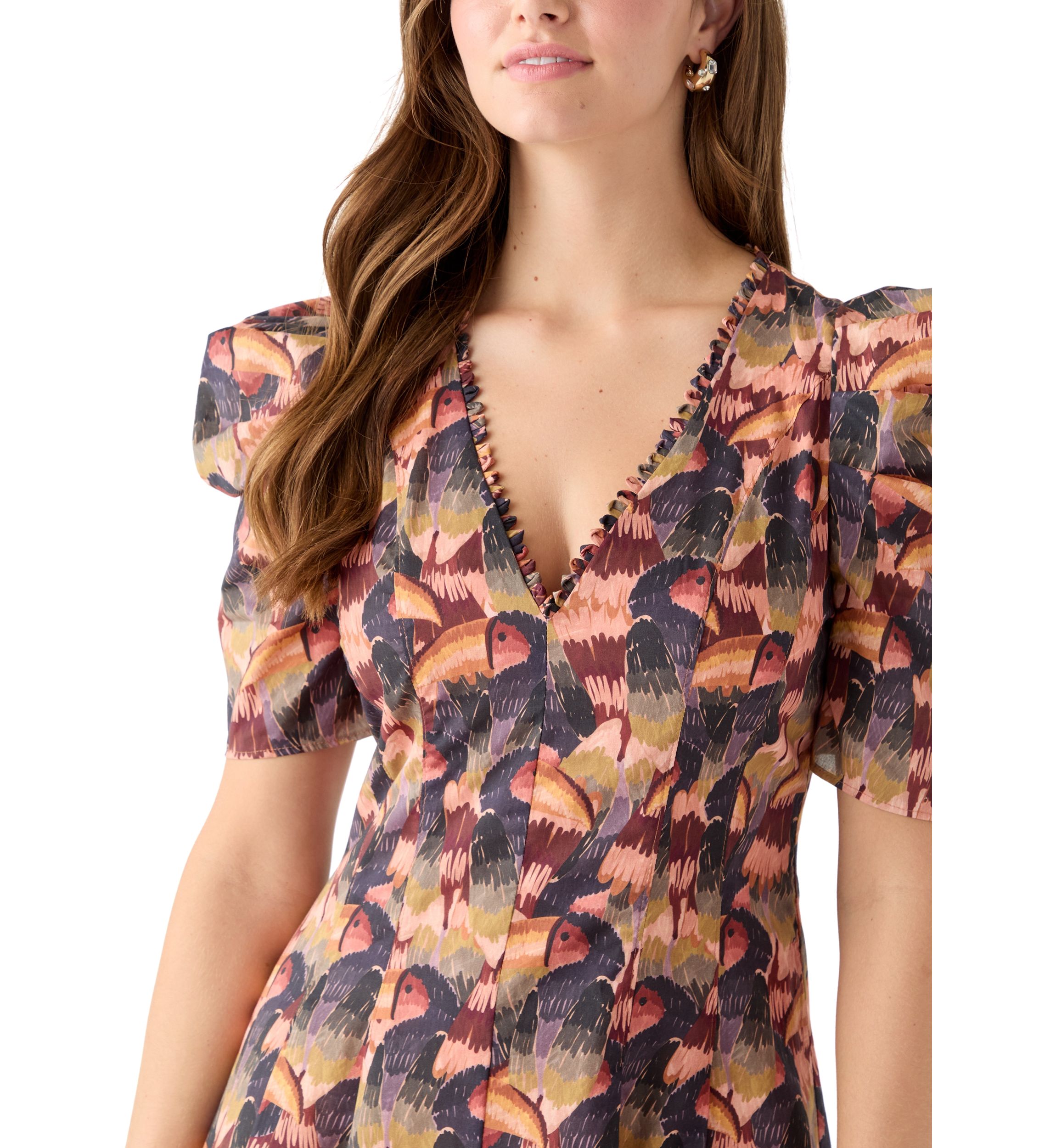 Womens Puff Sleeve Floral Midi Dress