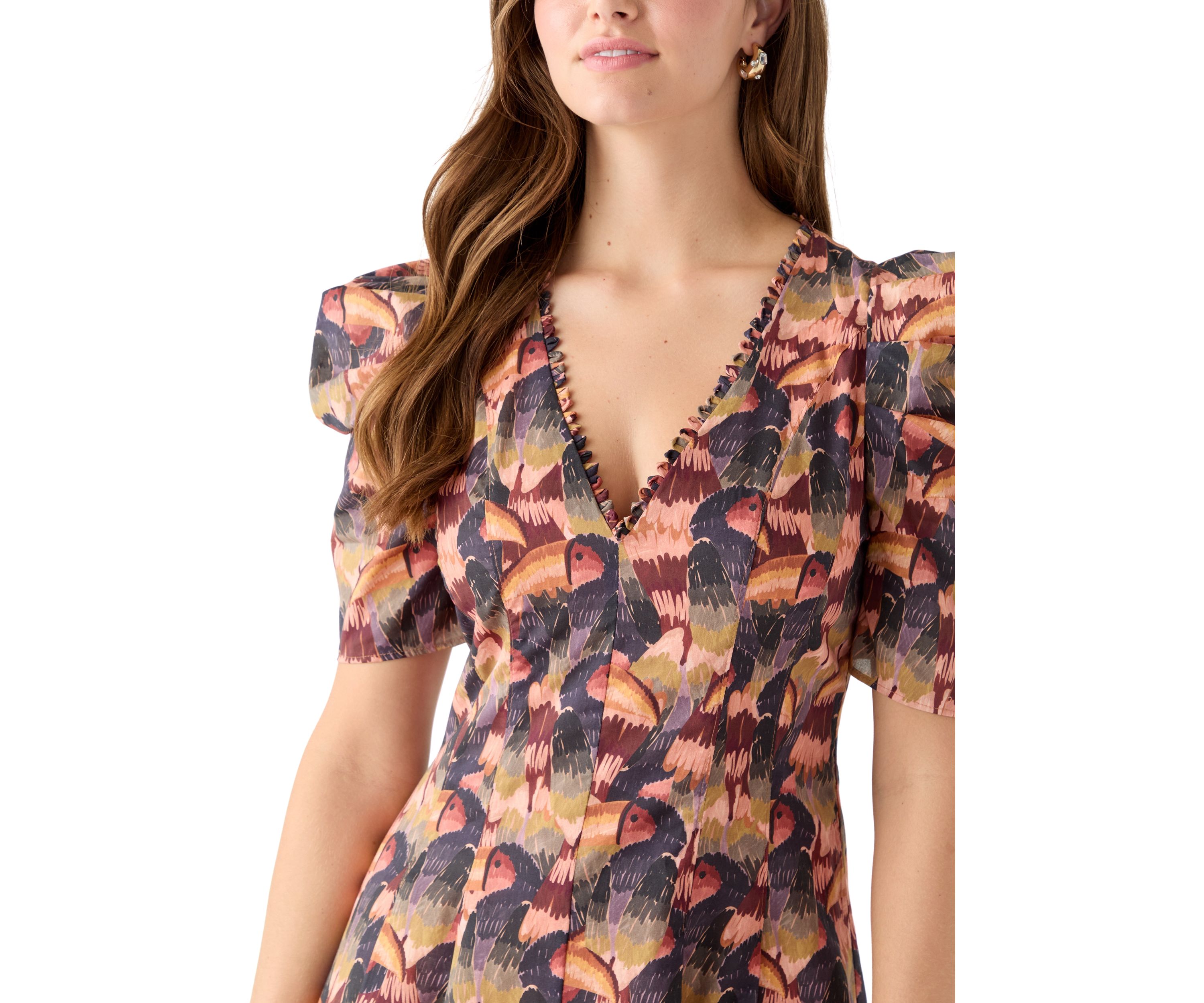 Womens Puff Sleeve Floral Midi Dress
