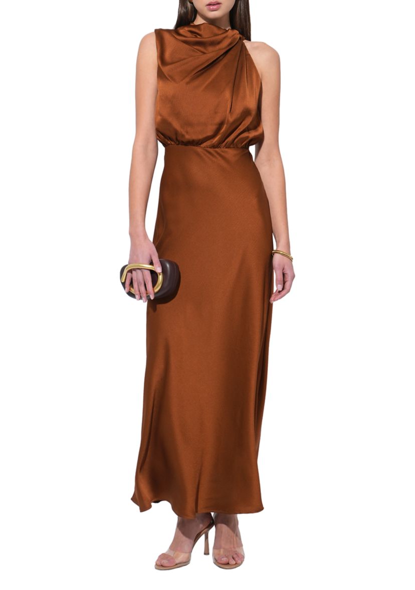 Womens Slereveless Cowl Neck Mixed Media Maxi Gown