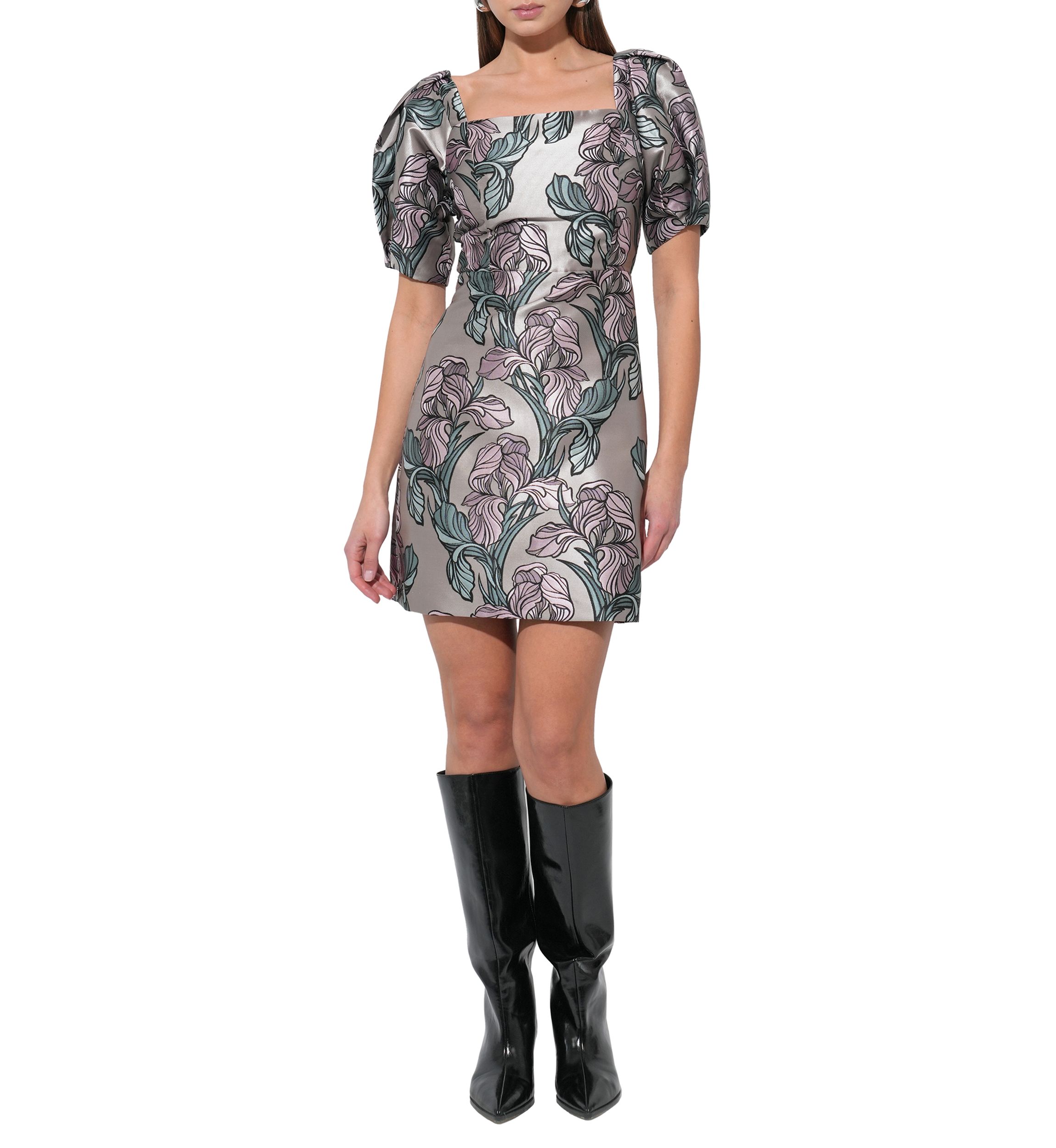 Womens Puff Sleeve Floral Print Silky Dress