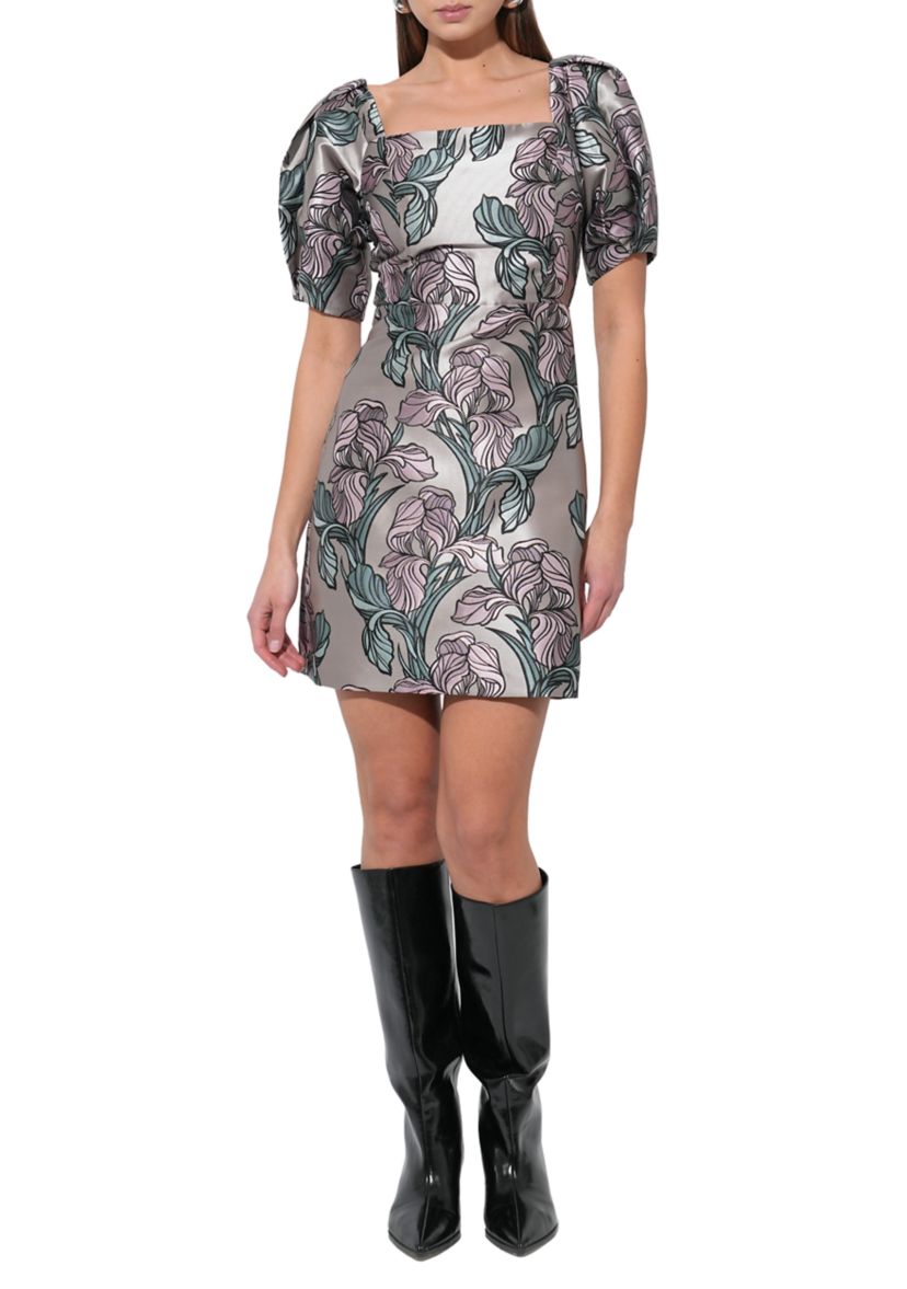 Womens Puff Sleeve Floral Print Silky Dress