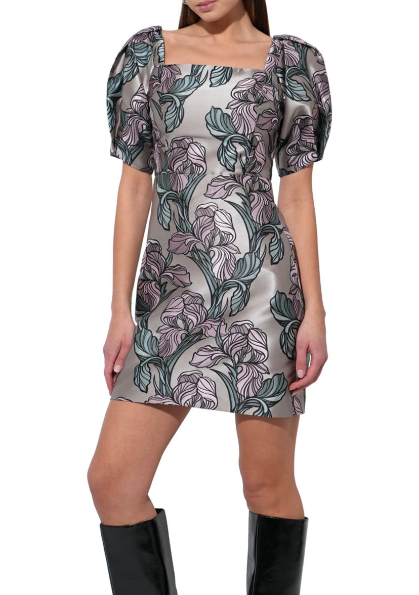 Womens Puff Sleeve Floral Print Silky Dress