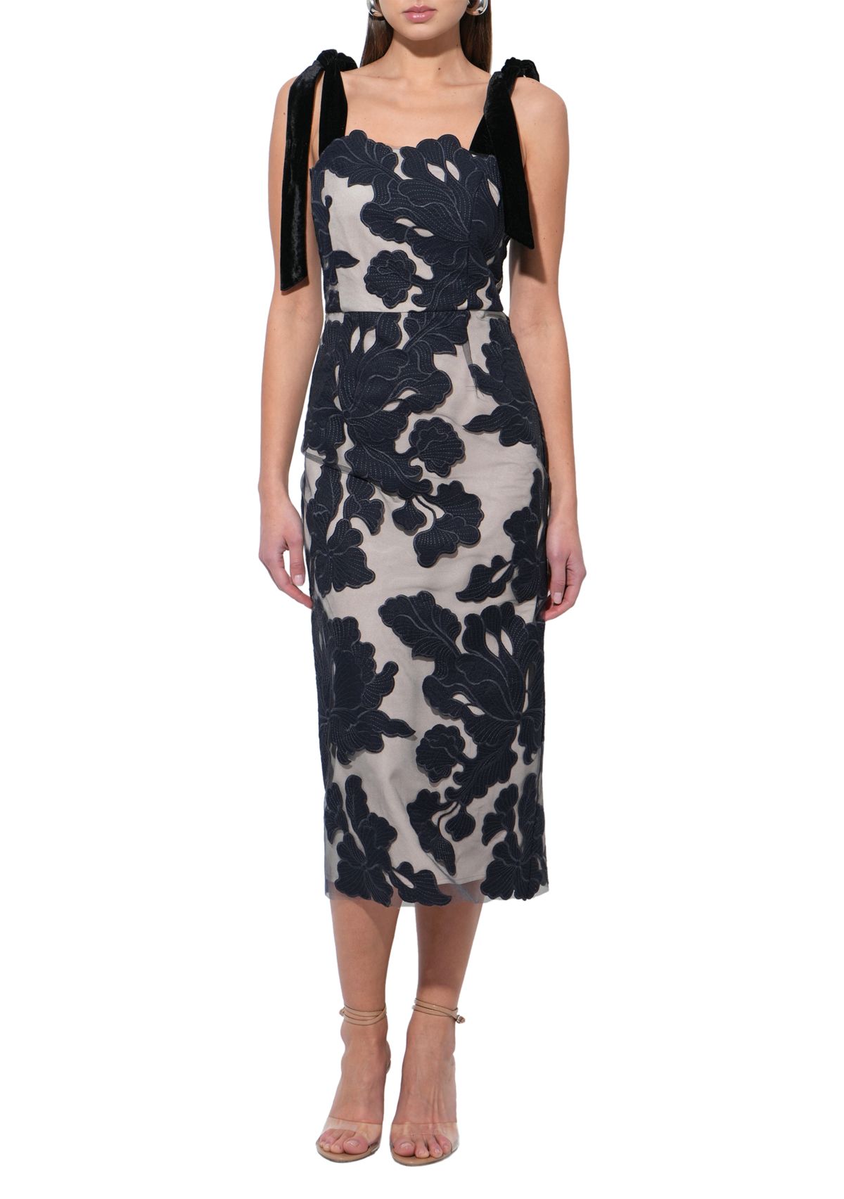 Womens Sleeveless Tie Shoulder Floral Overlay Midi Dress