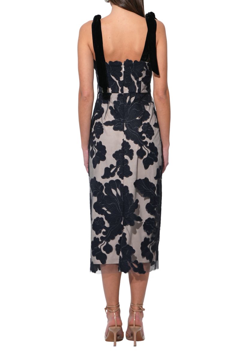 Womens Sleeveless Tie Shoulder Floral Overlay Midi Dress