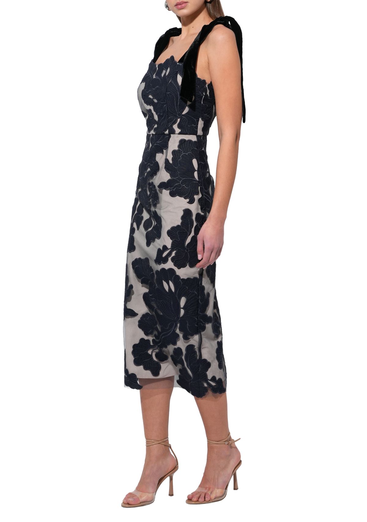 Womens Sleeveless Tie Shoulder Floral Overlay Midi Dress