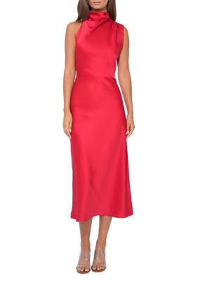 Adelyn Rae Women's High Neck Satin Midi Dress, Red, XS