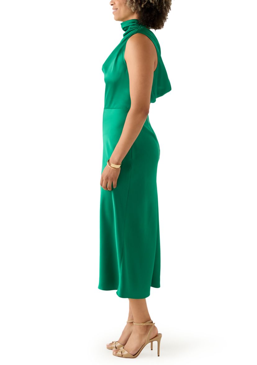 knee length dresses for ladies LONNIE COWL NECK HIGH LOW SATIN MIDI DRESS – AKIRA main image 1
