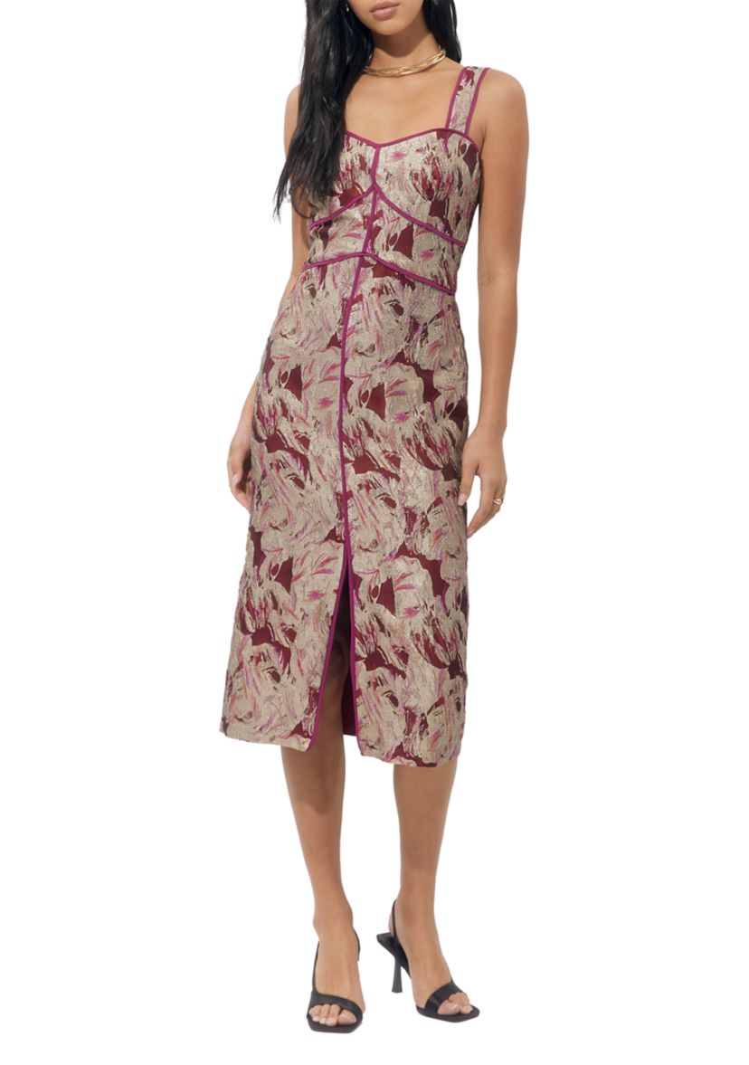 Womens Sleeveless Floral Jacquard Midi Dress