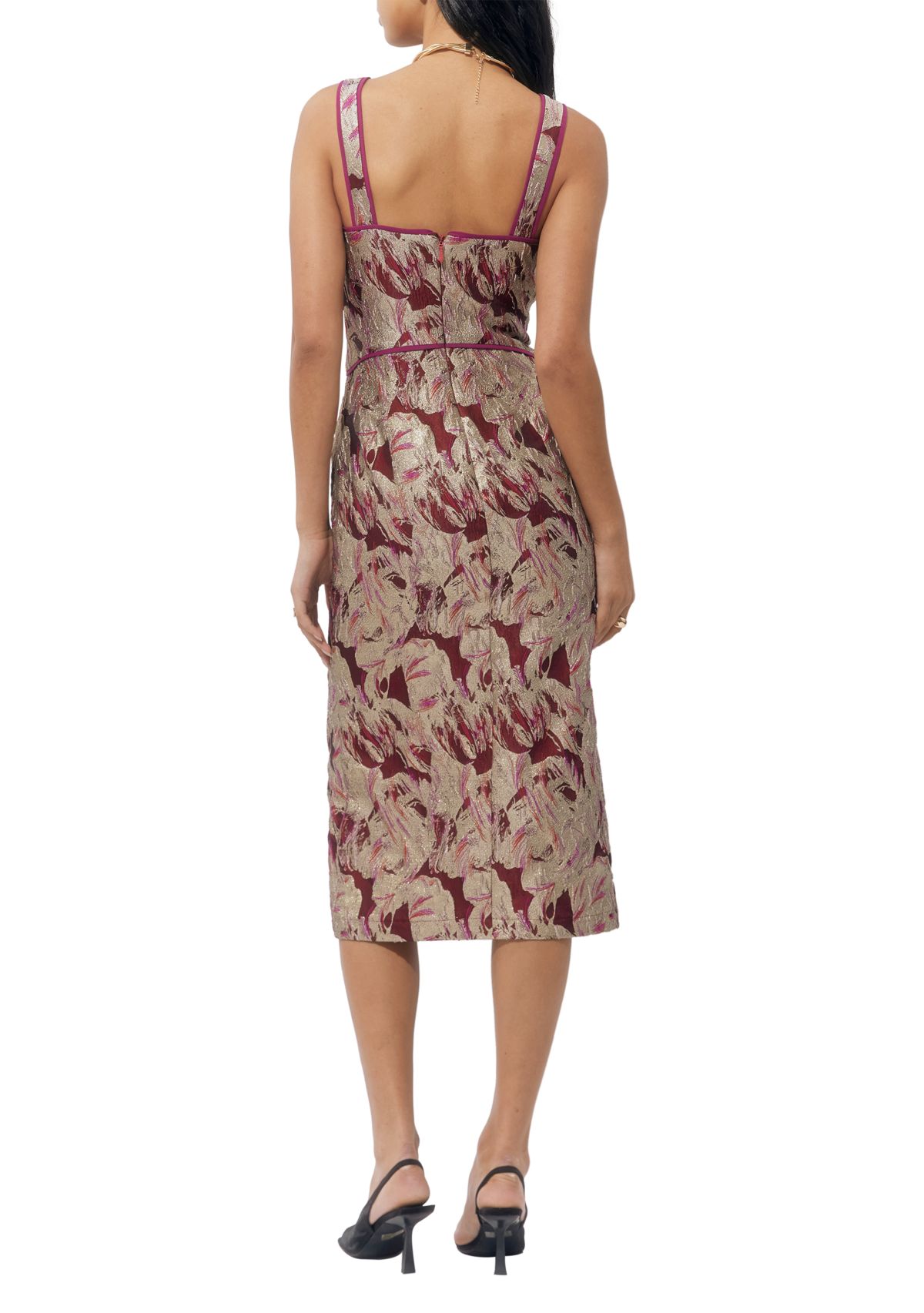 Womens Sleeveless Floral Jacquard Midi Dress