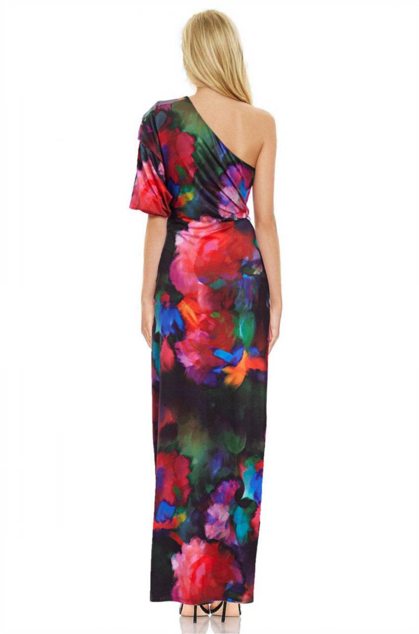 Avery Printed One Shoulder Gown with Side Slit
