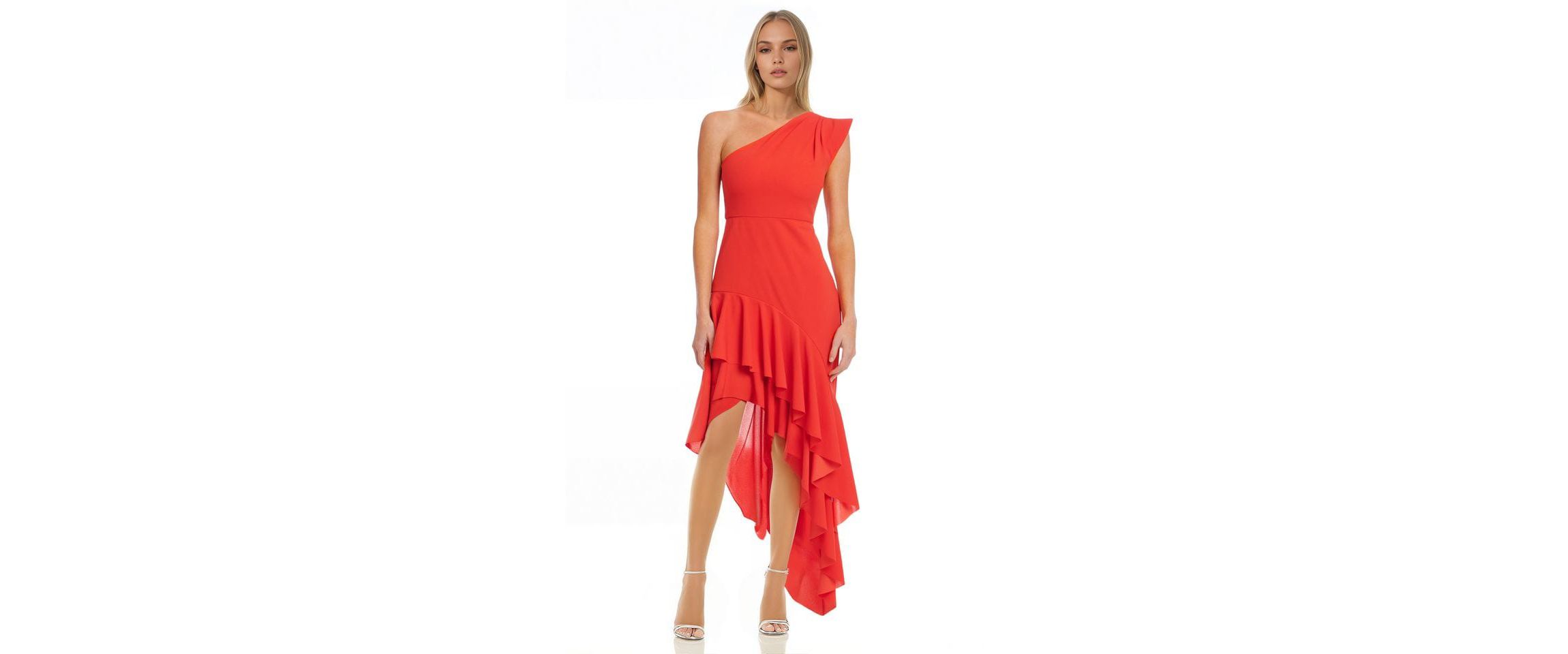 badgley mischka red ruffle dress Red Ruffle V-Neck Gown