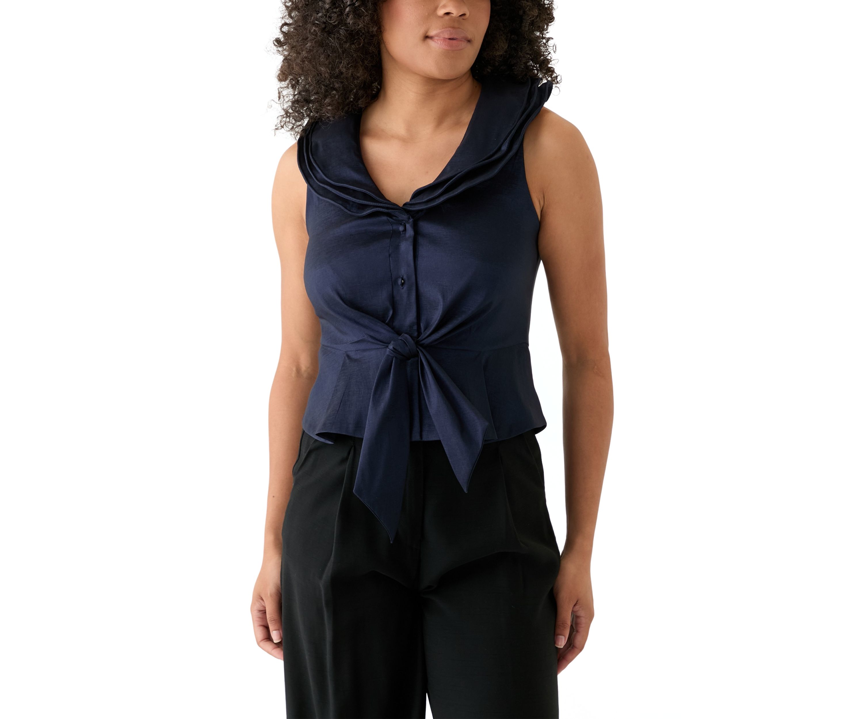 Womens Triple Collar V-Neck Tie Front Top