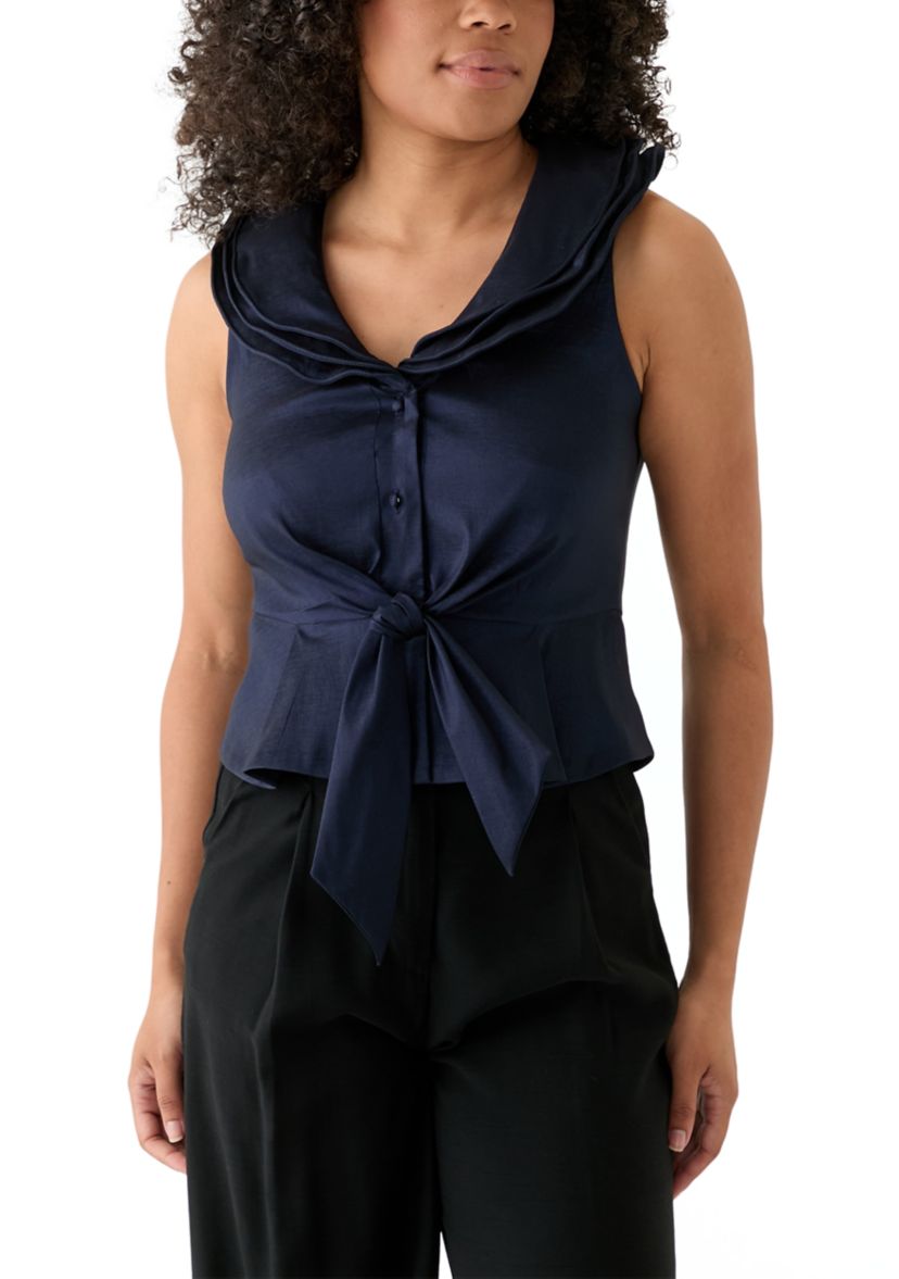 Womens Triple Collar V-Neck Tie Front Top