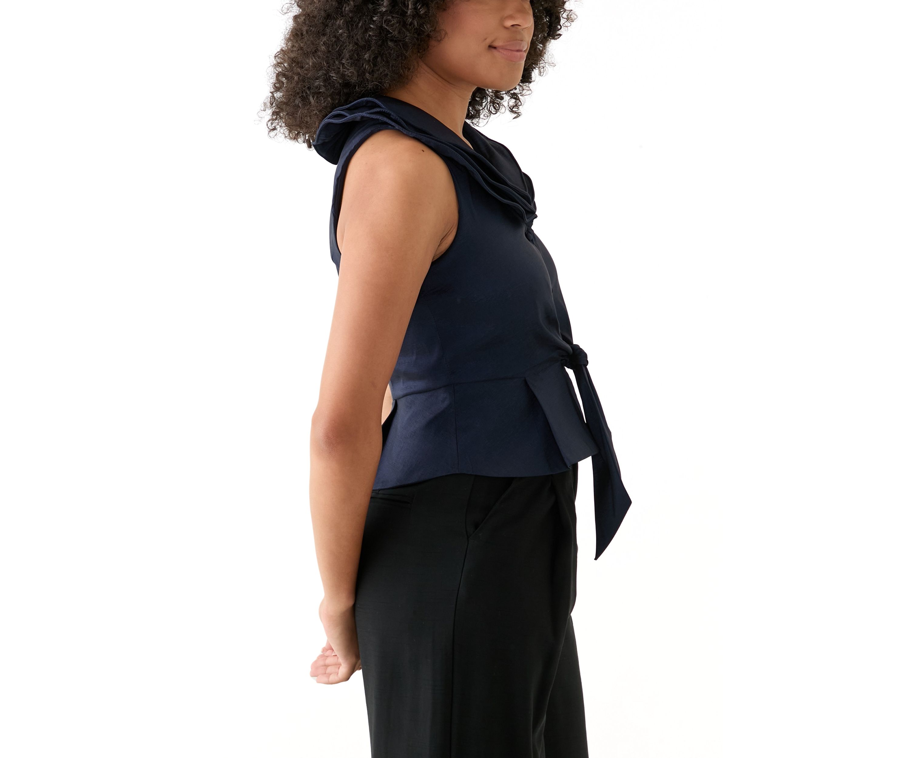 Womens Triple Collar V-Neck Tie Front Top