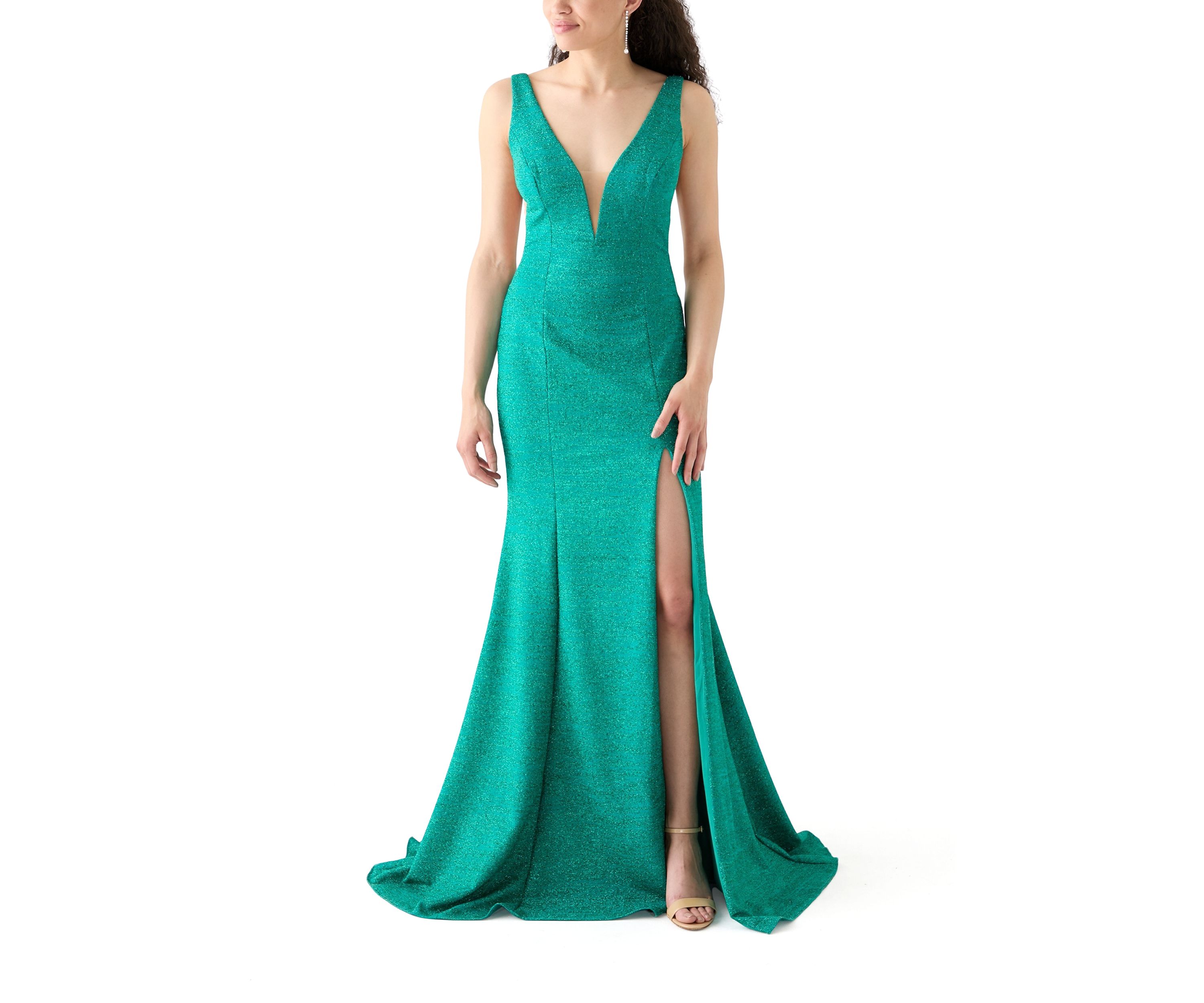 Womens V-Neck Shimmer Slit Gown 