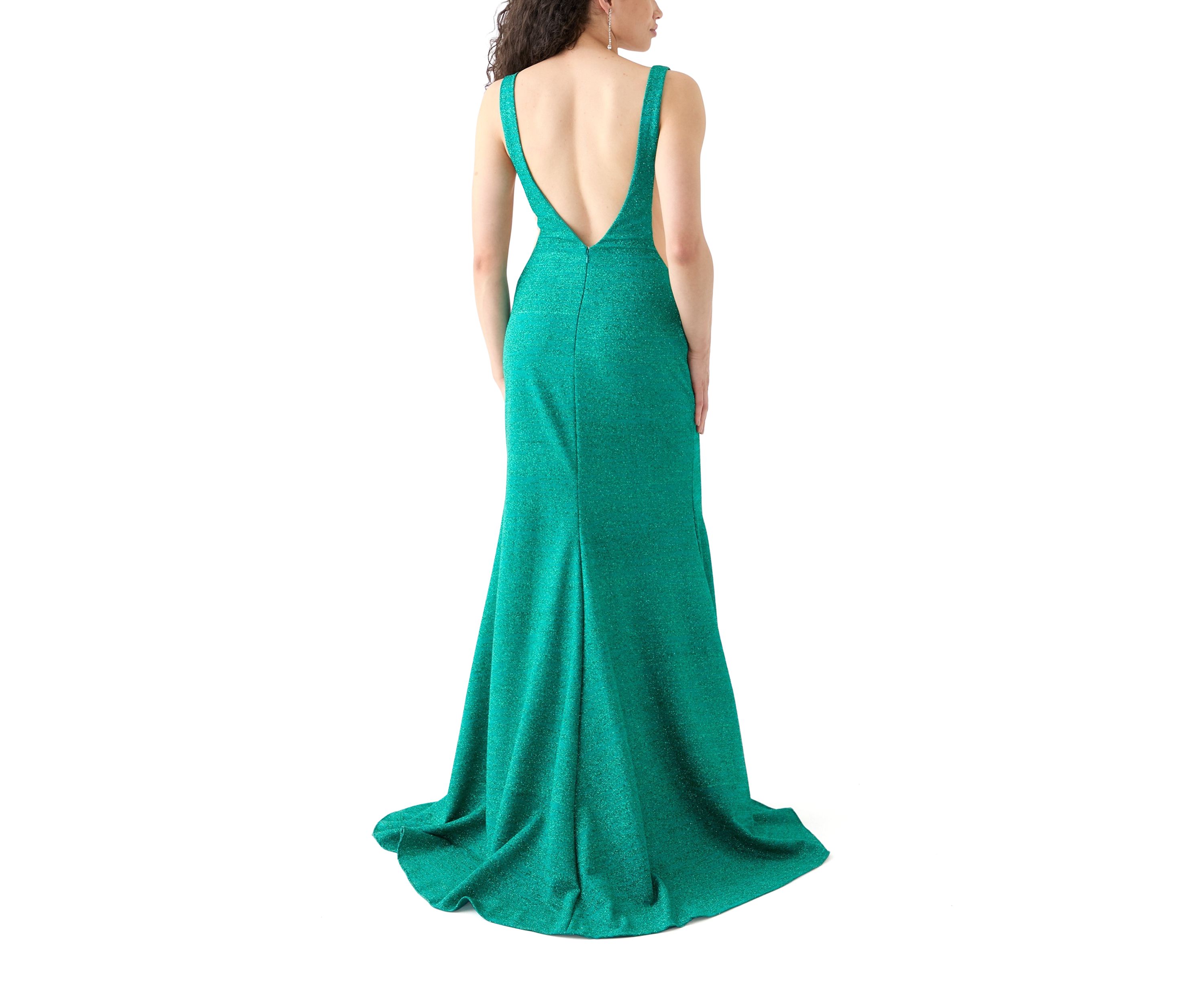 Womens V-Neck Shimmer Slit Gown 