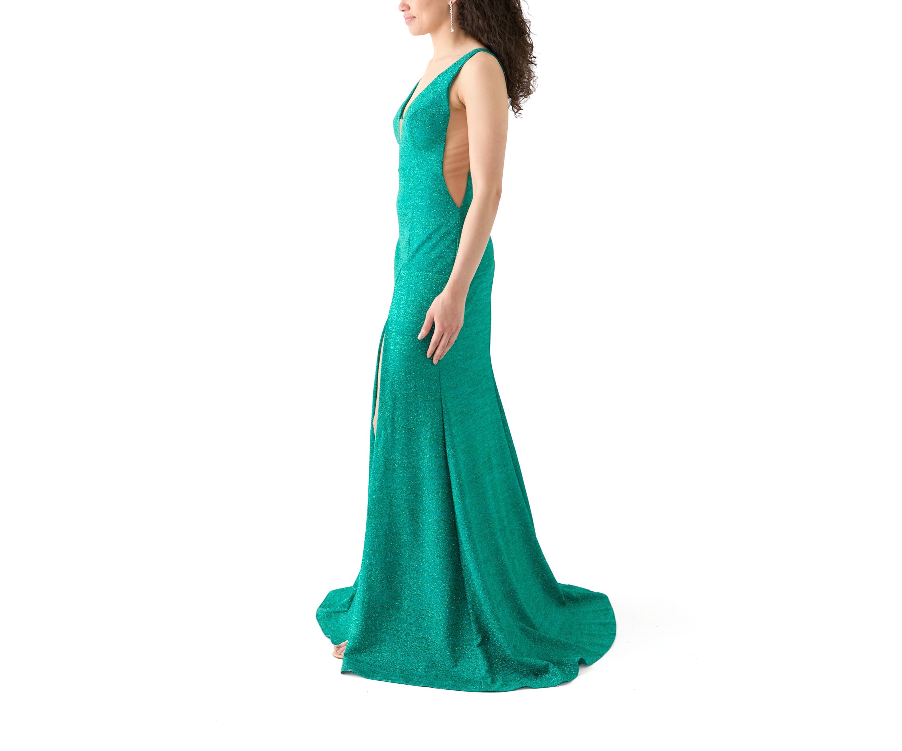 Womens V-Neck Shimmer Slit Gown 