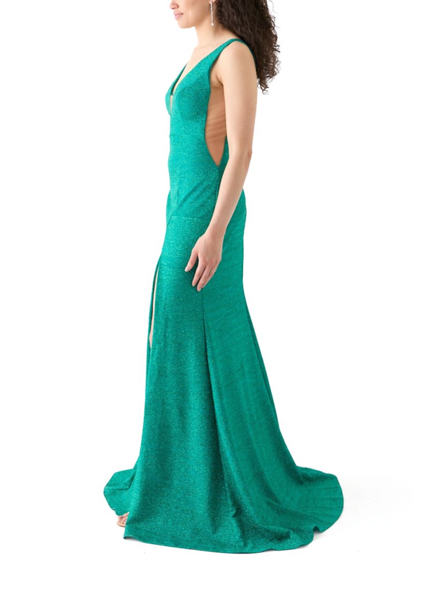 Womens V-Neck Shimmer Slit Gown 