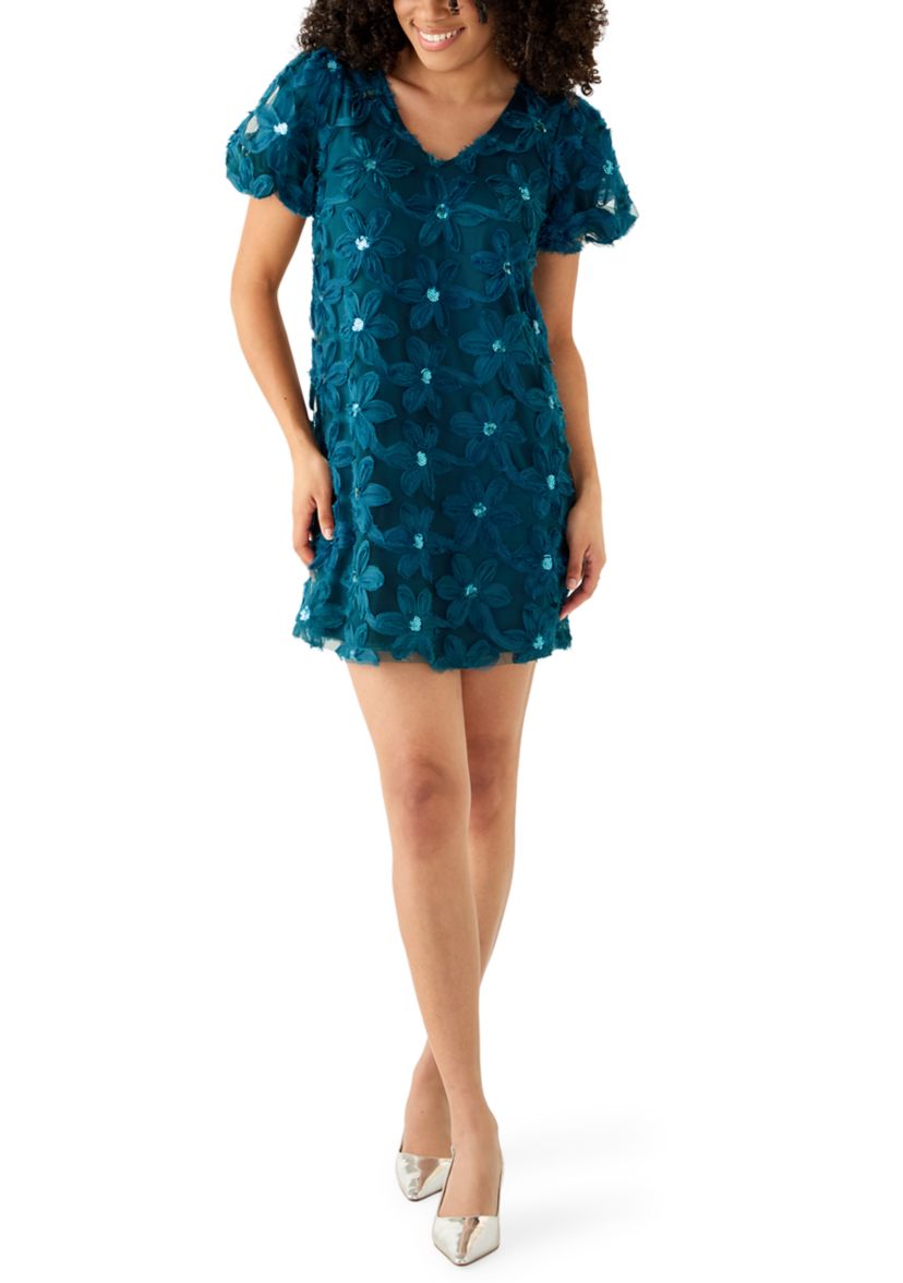 Womens Short Sleeve Floral Appliqué Mini Dress