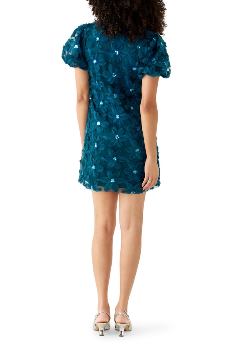 Womens Short Sleeve Floral Appliqué Mini Dress