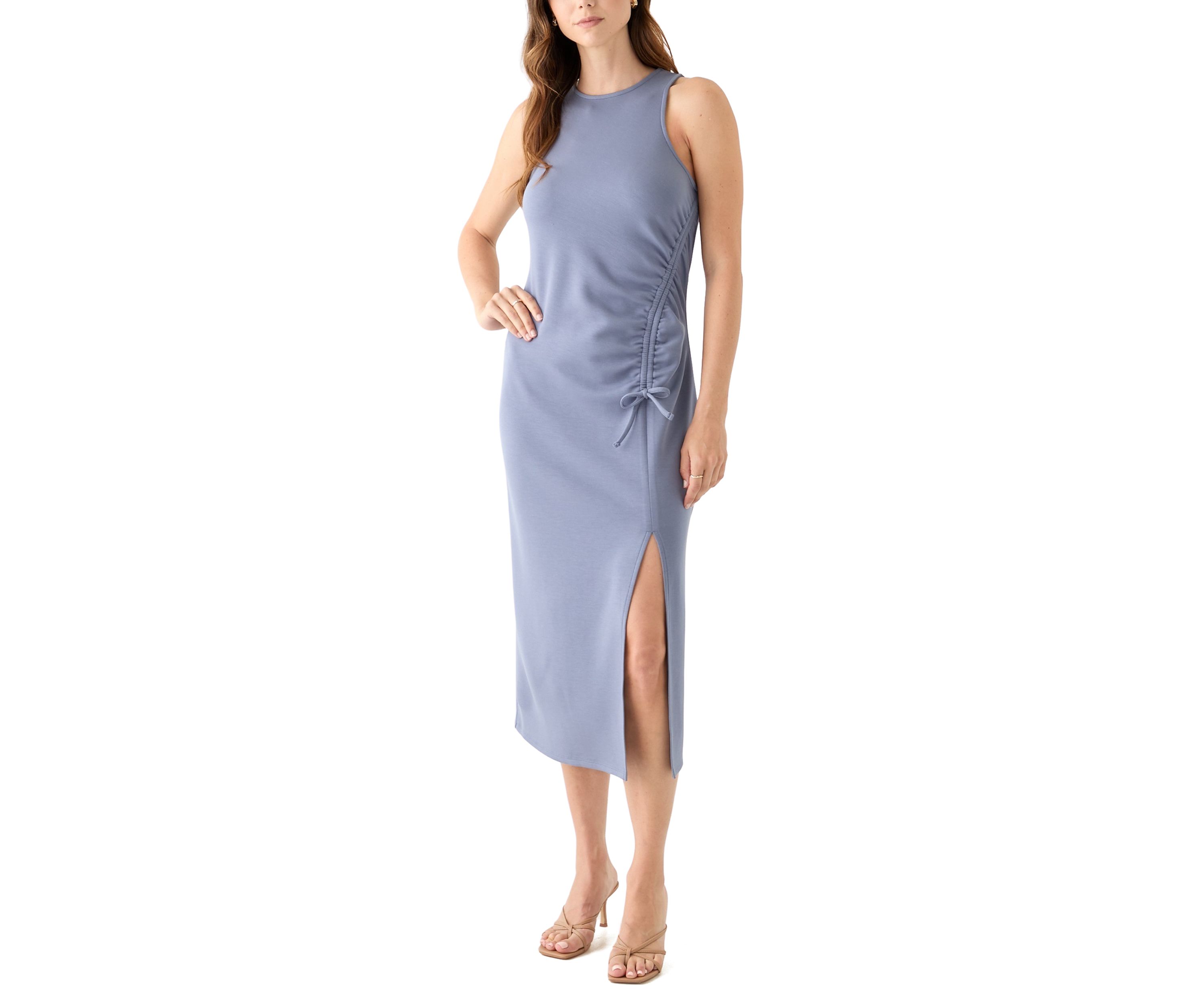 Womens Sleeveless Crew Neck Ruched Midi Dress