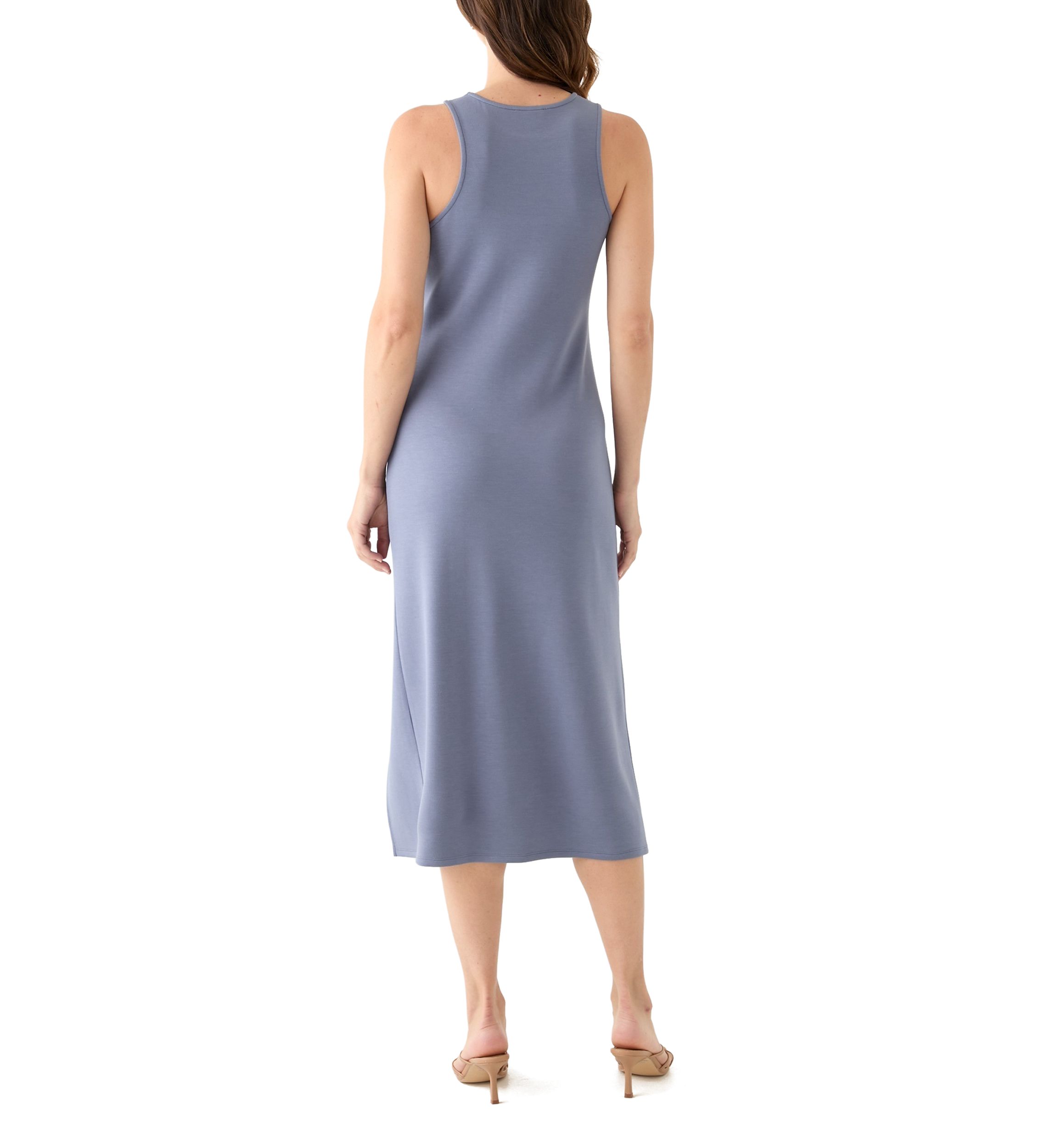 Womens Sleeveless Crew Neck Ruched Midi Dress