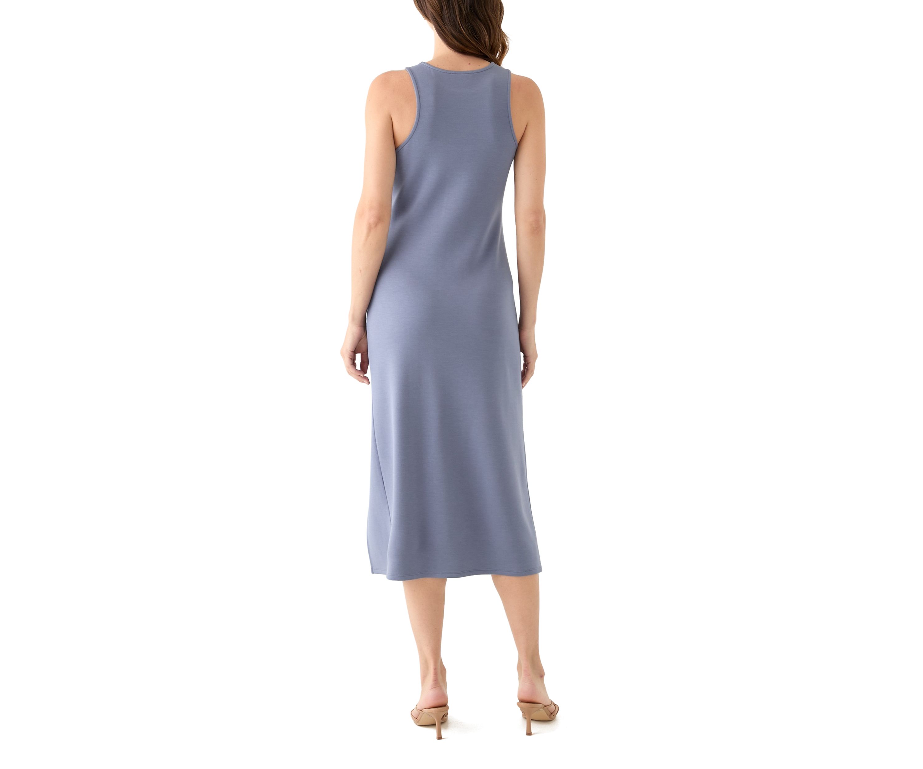 Womens Sleeveless Crew Neck Ruched Midi Dress